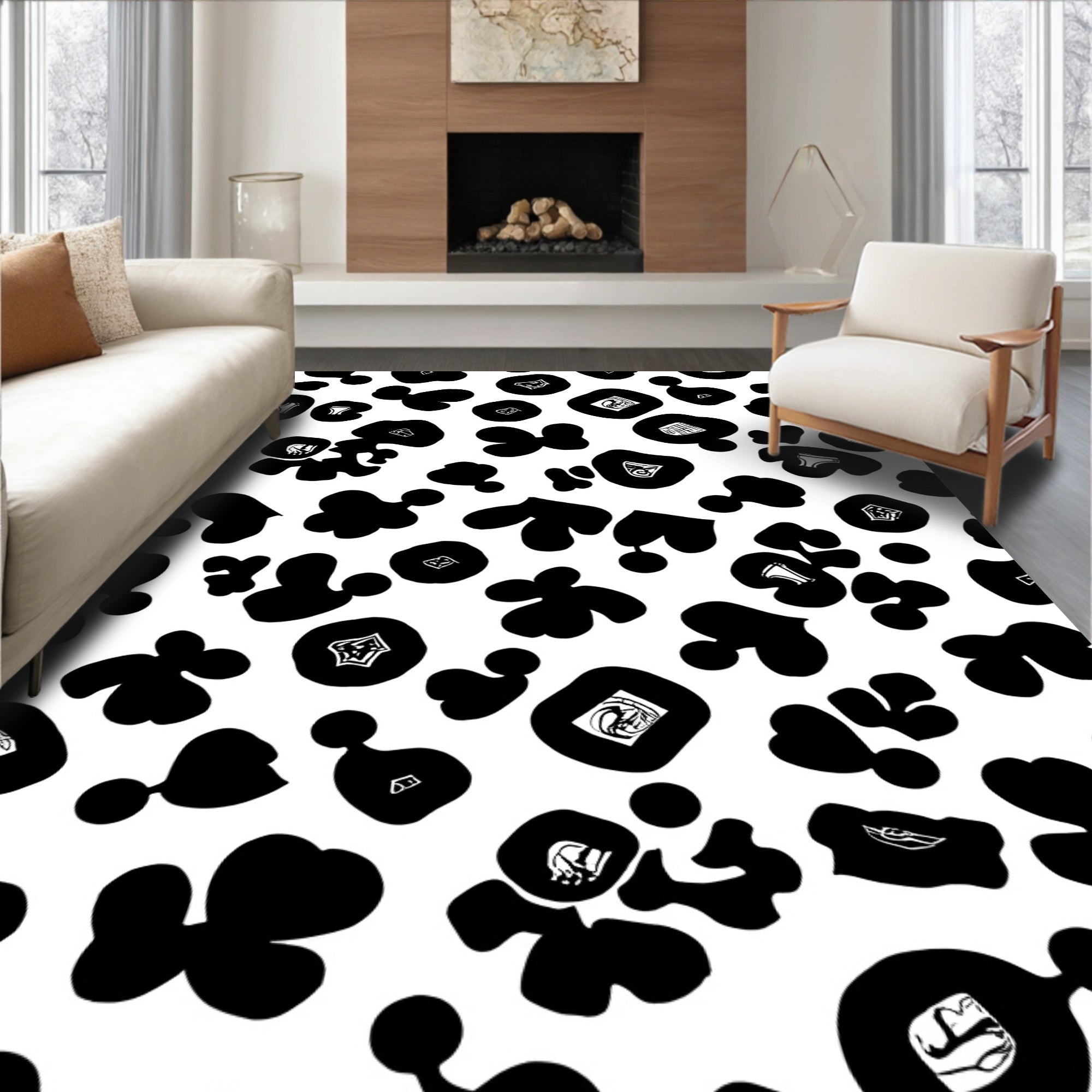 Black White Abstract Blob Pattern Rug