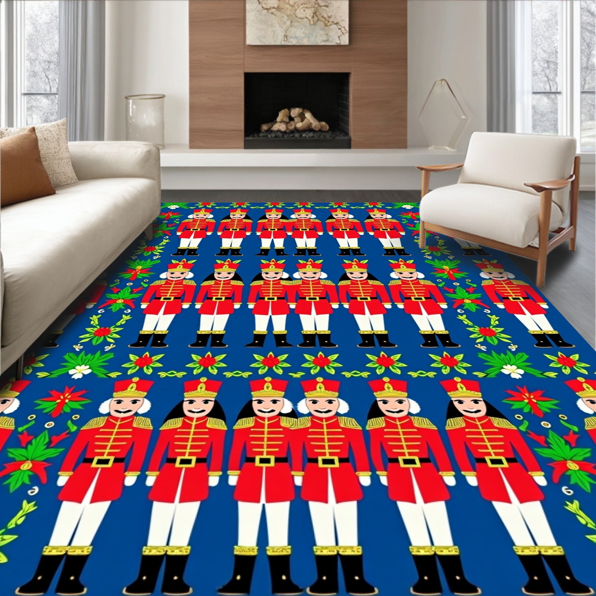 Red Nutcracker Soldier Floral Border Rug