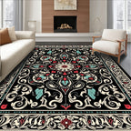 Ornate Black Floral Medallion Pattern Rug