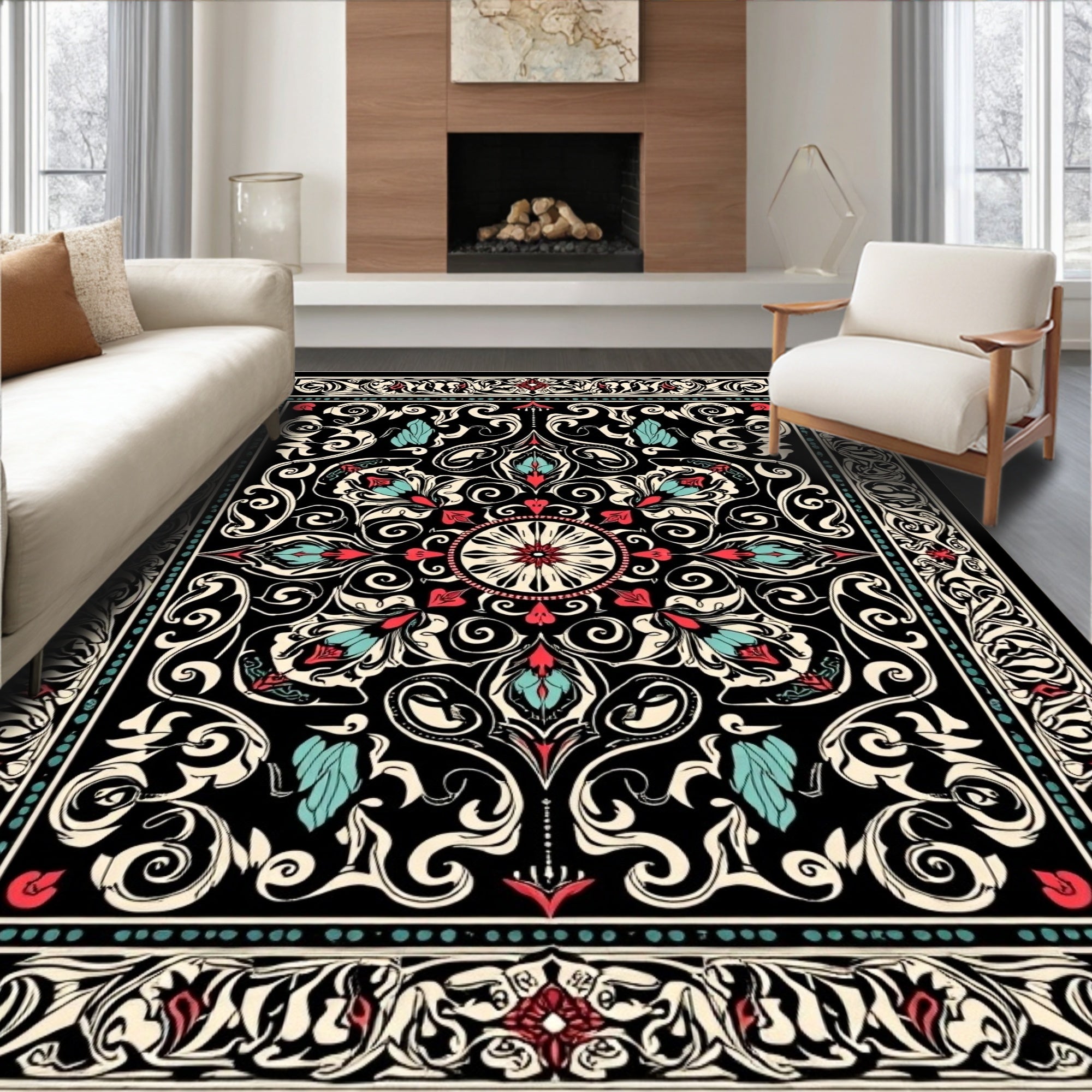 Ornate Black Floral Medallion Pattern Rug