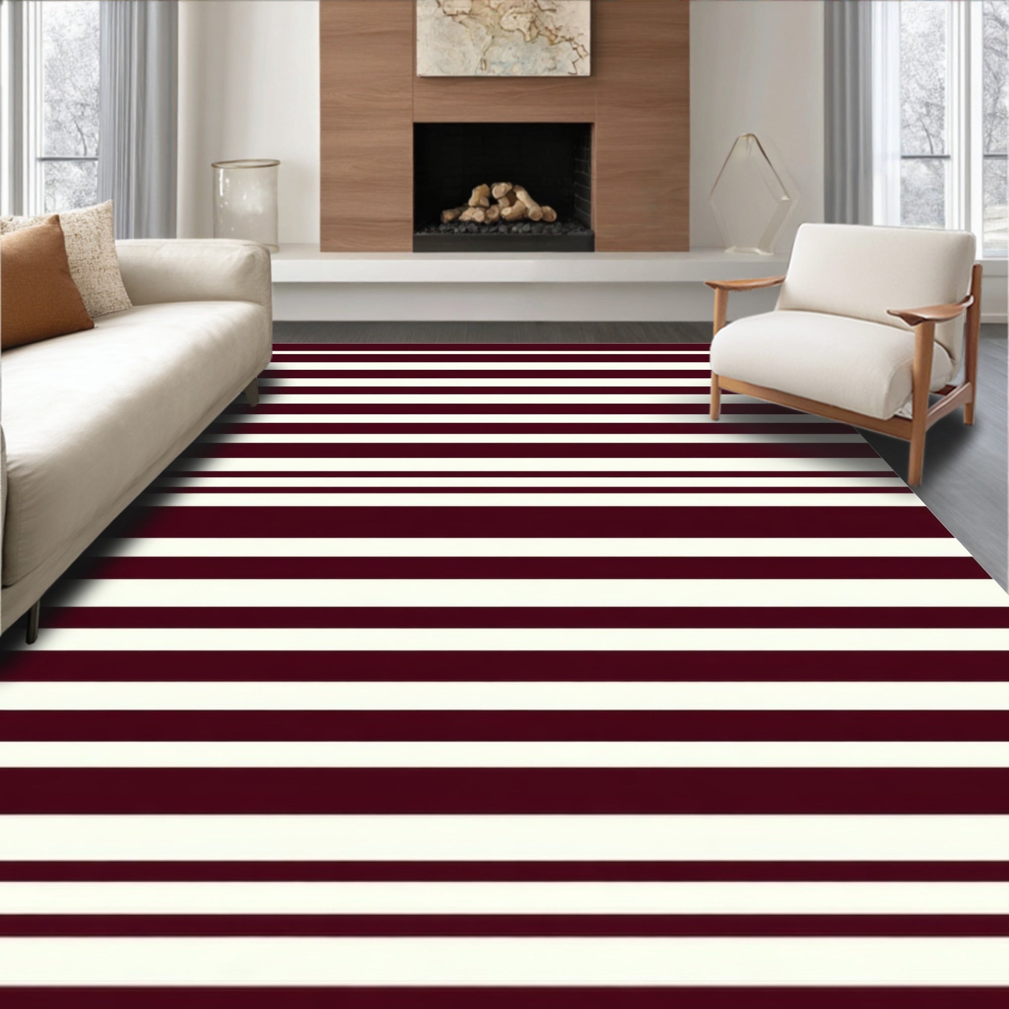 Classic Maroon Cream Stripe Design Rug
