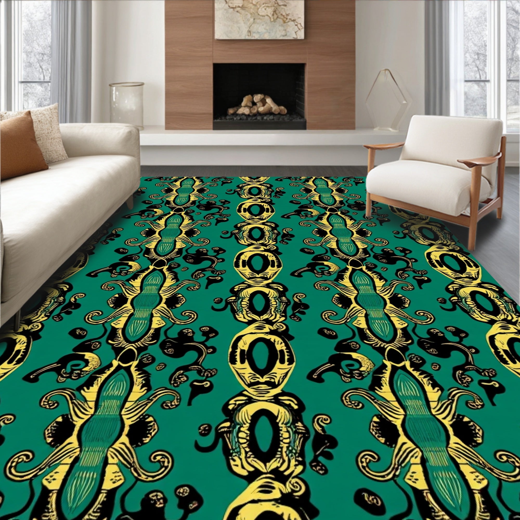 Ornate Black Gold Vertical Pattern Rug
