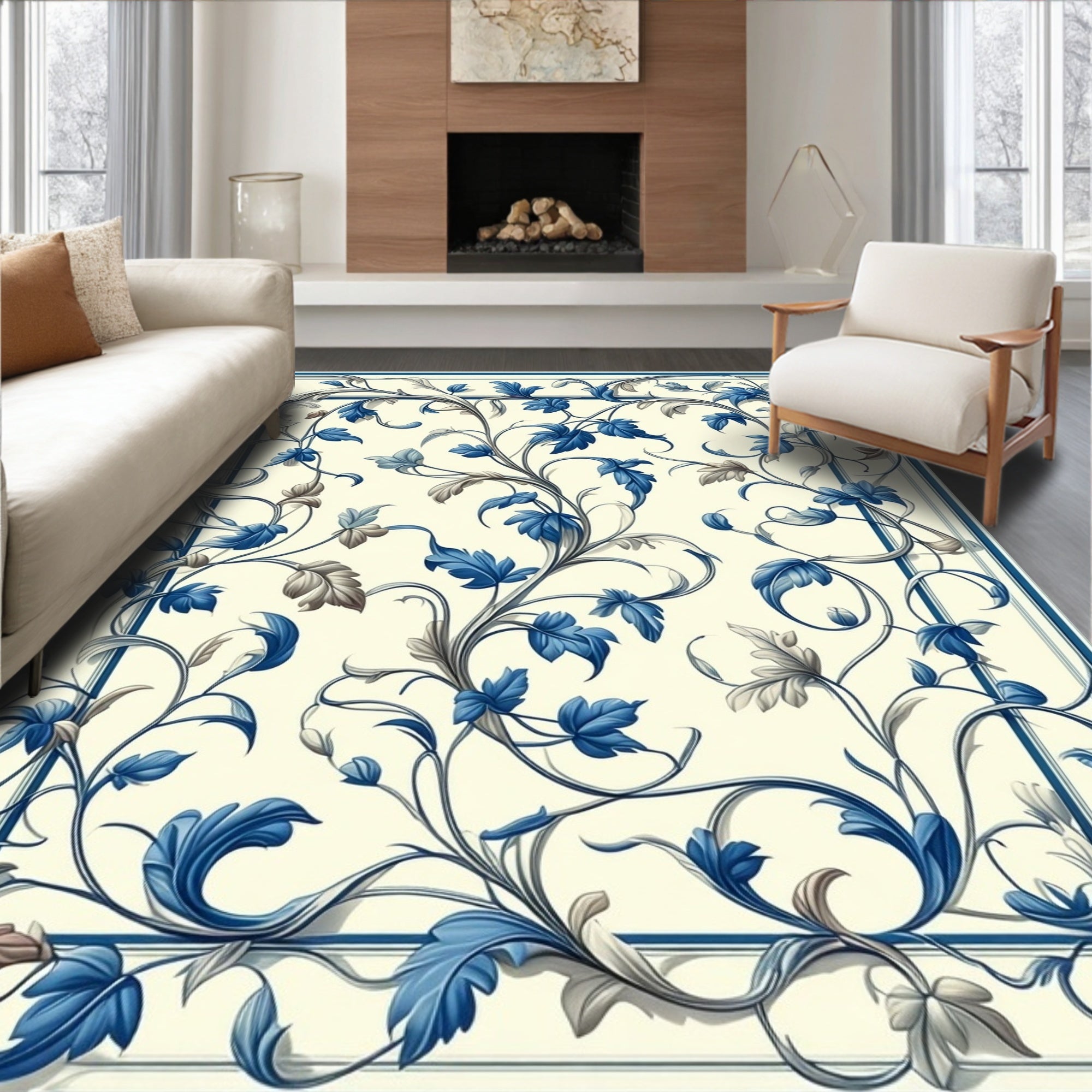 Classic Blue floral Vine Pattern Rug