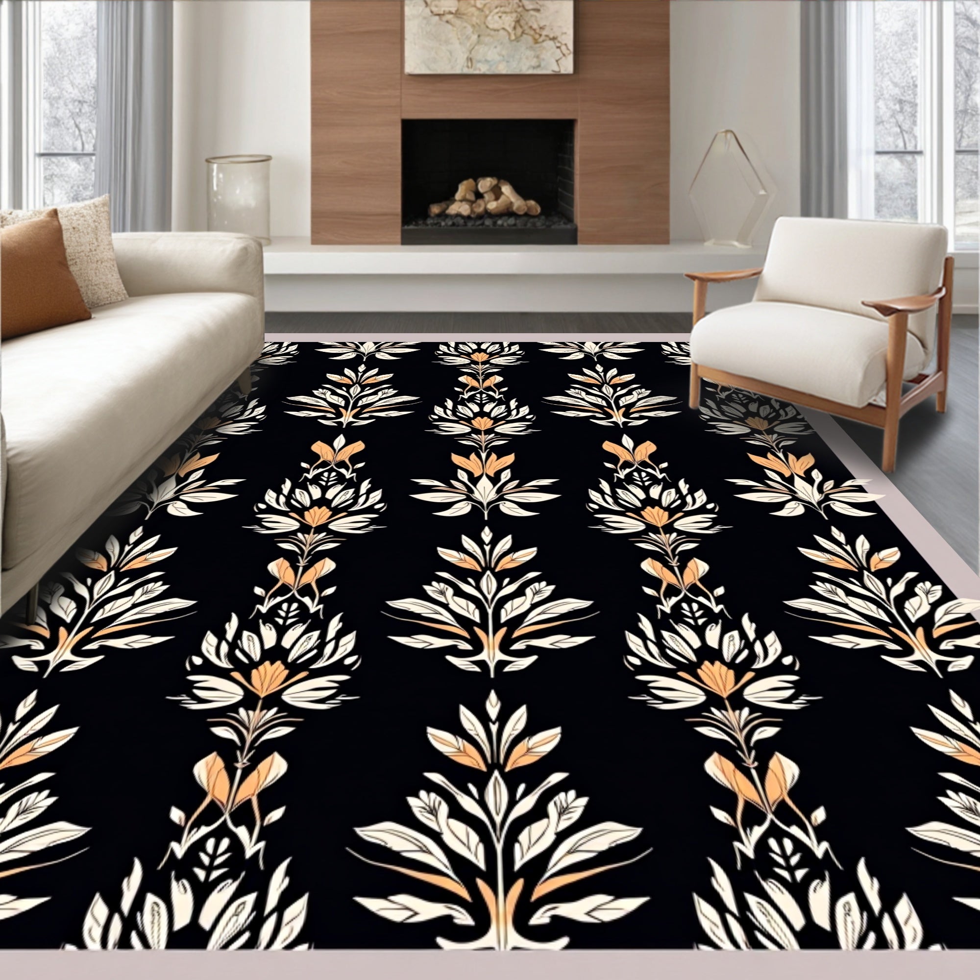 Black Floral Intricate Pattern Rug