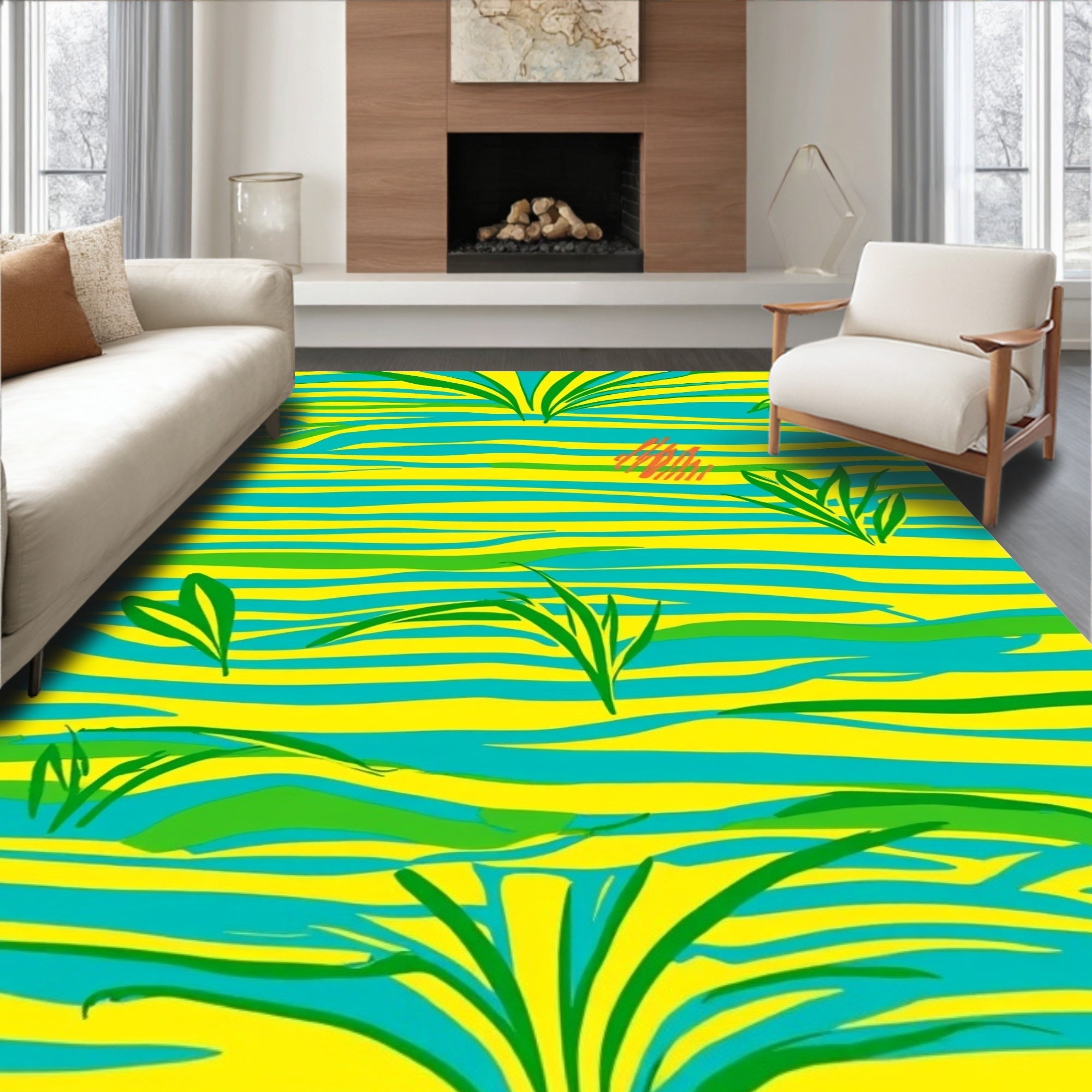 Bold Stripes with Abstract Green Flora Rug