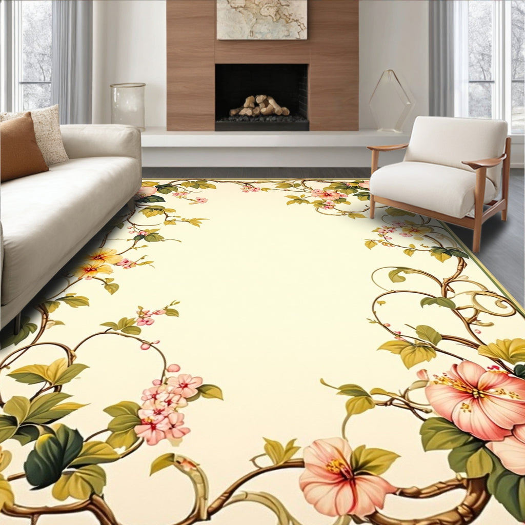 Elegant Floral Vines With Pink Yellow Blossoms Rug