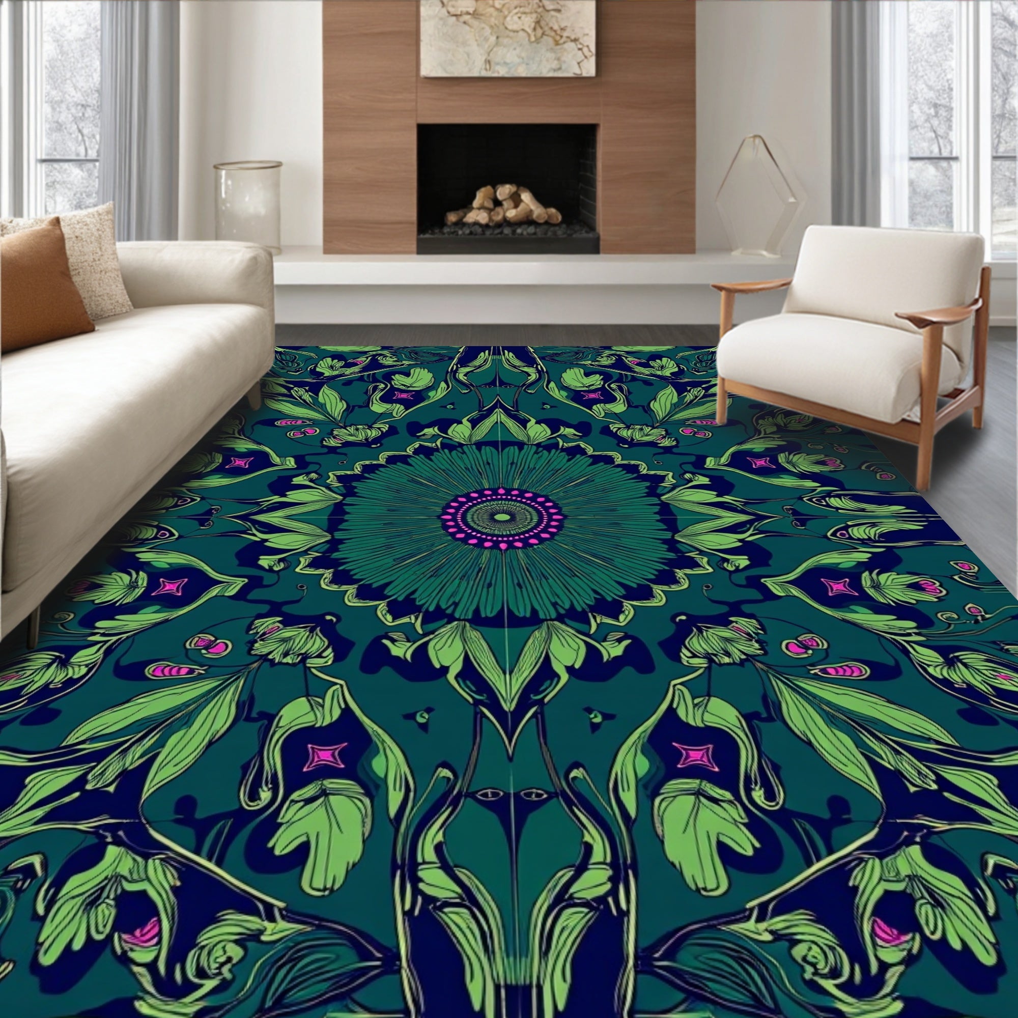 Dark Teal Floral Mandala Pattern Rug
