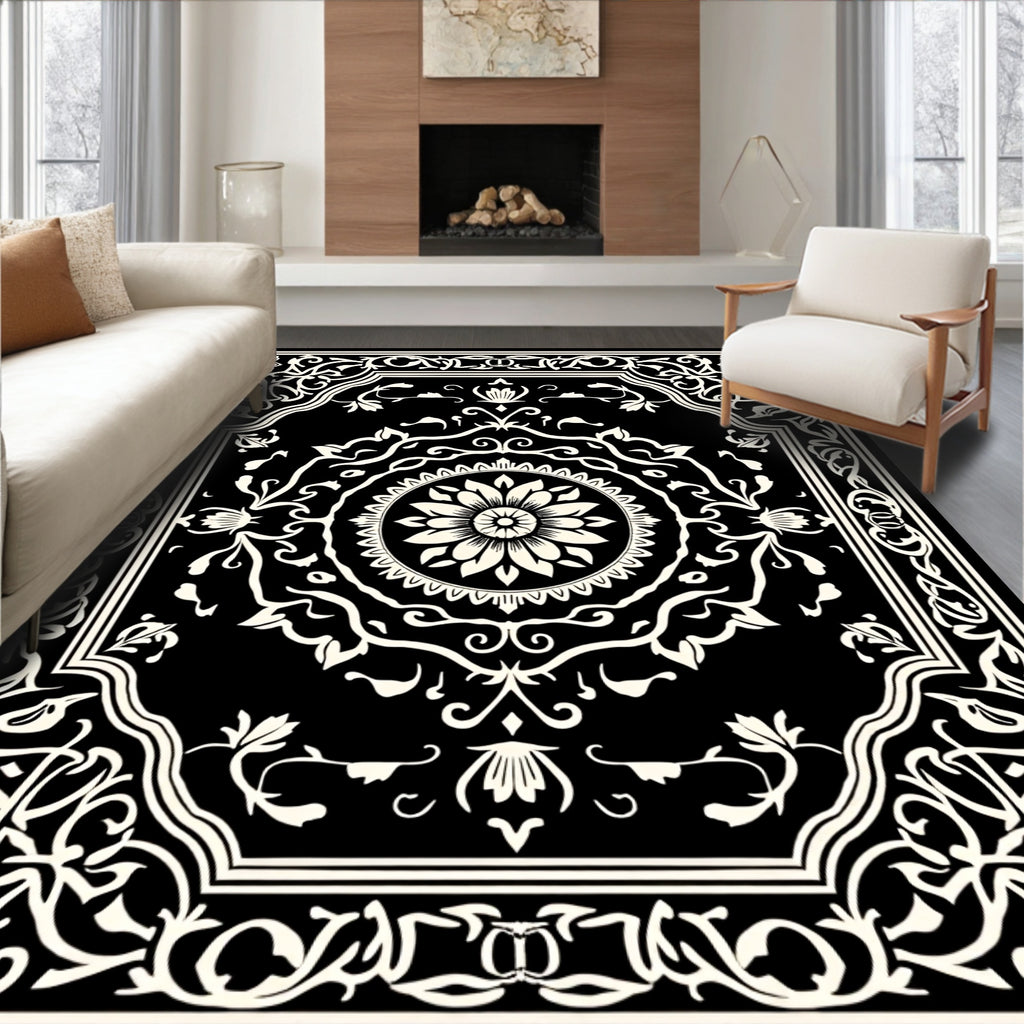 Ornate Black White Floral Scroll Rug