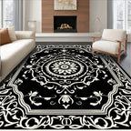 Ornate Black White Floral Scroll Rug