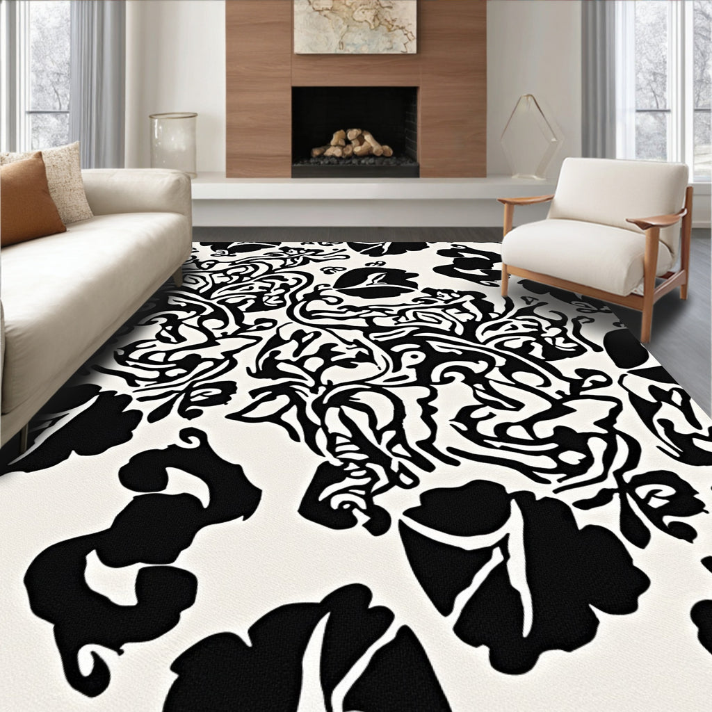 Bold Black White Floral Pattern Rug
