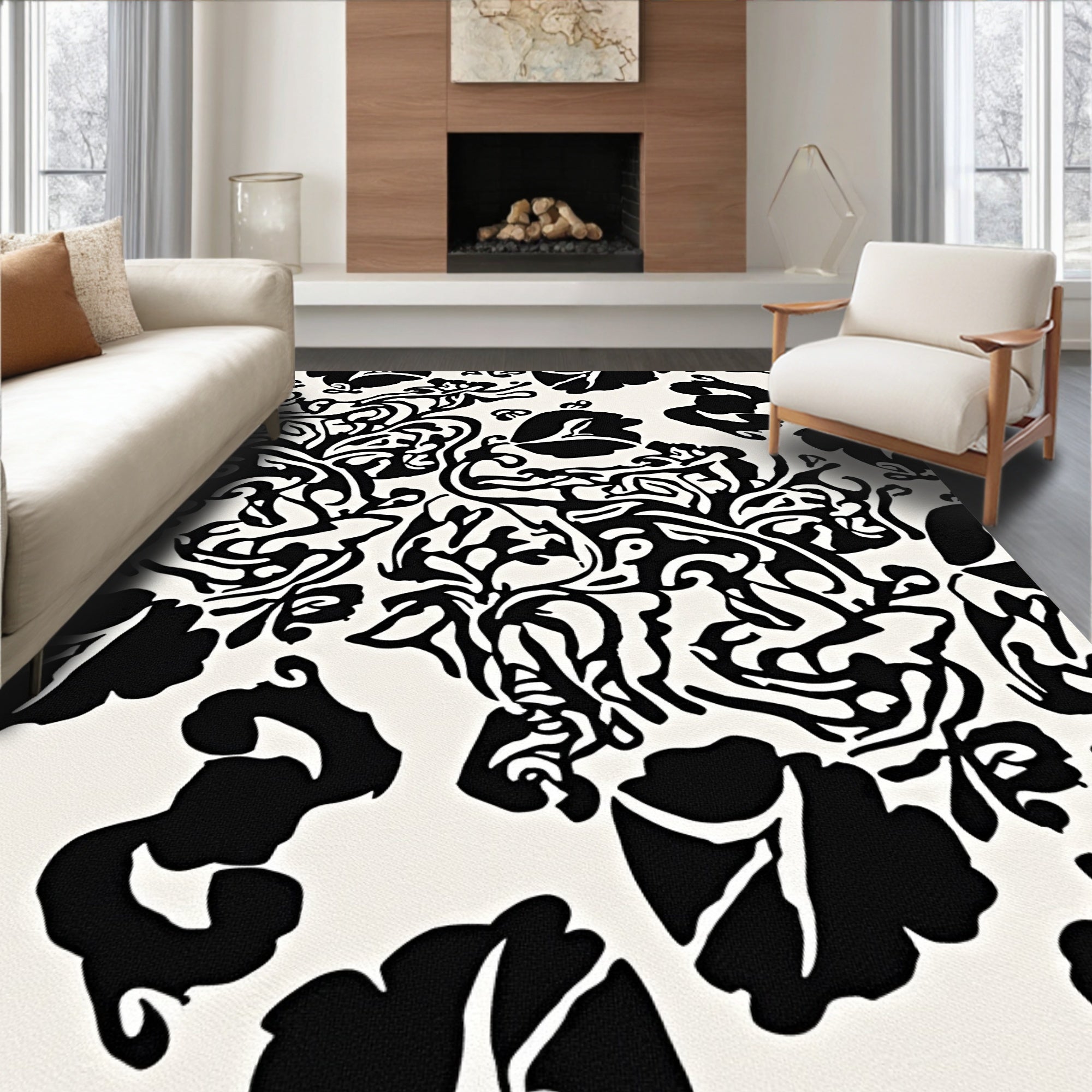 Bold Black White Floral Pattern Rug