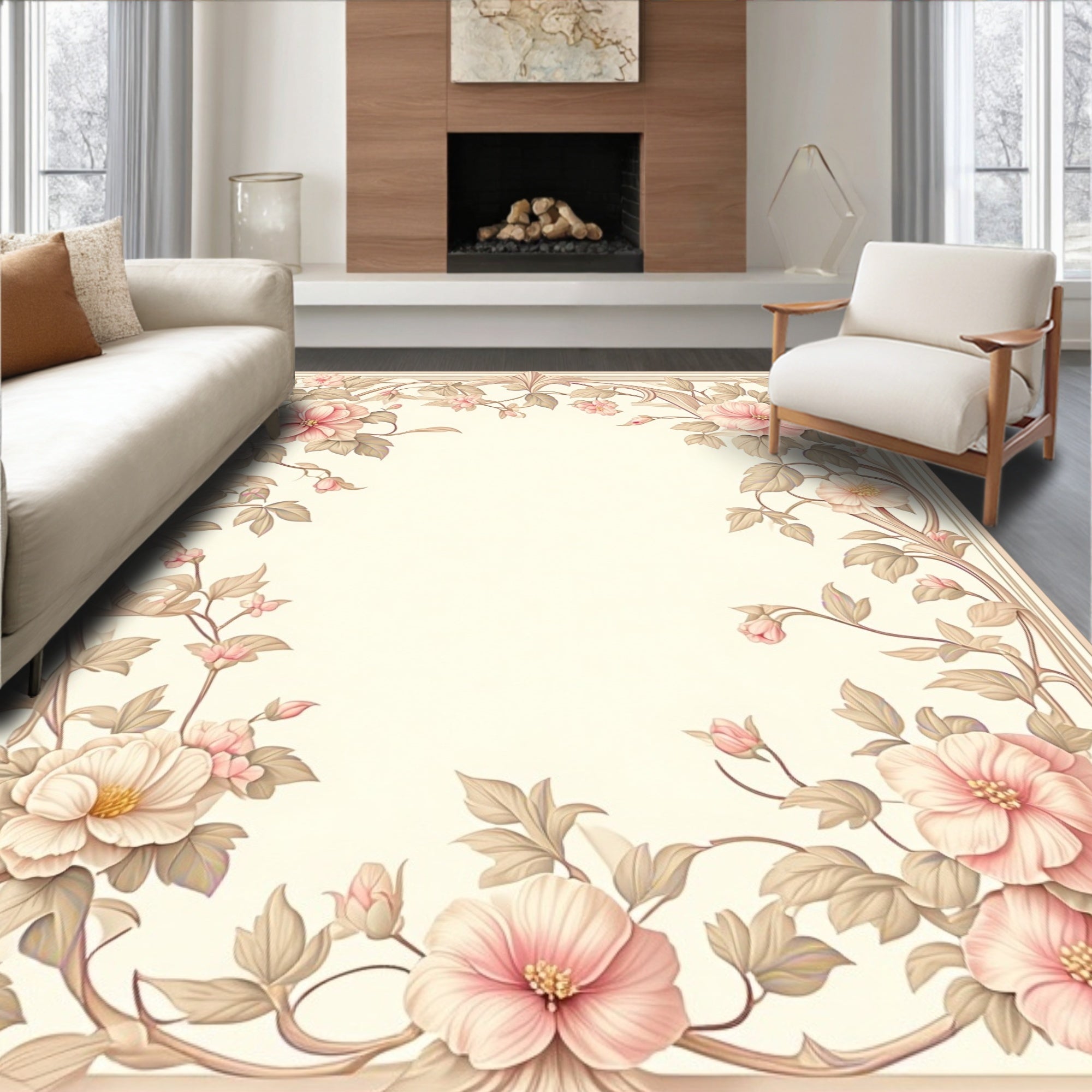 Soft Pink Floral Vine Scroll Rug