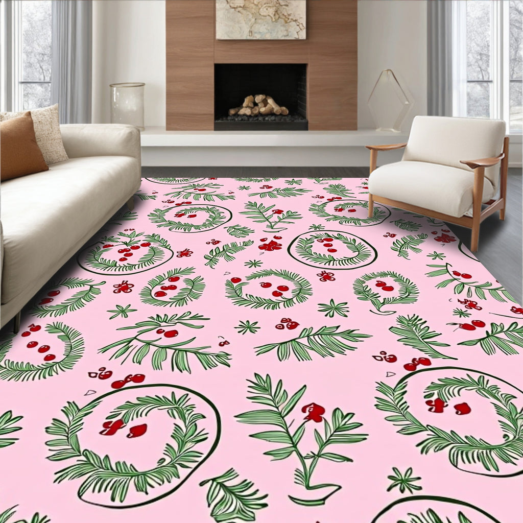 Pink Green Berry Wreath Whimsy Rug