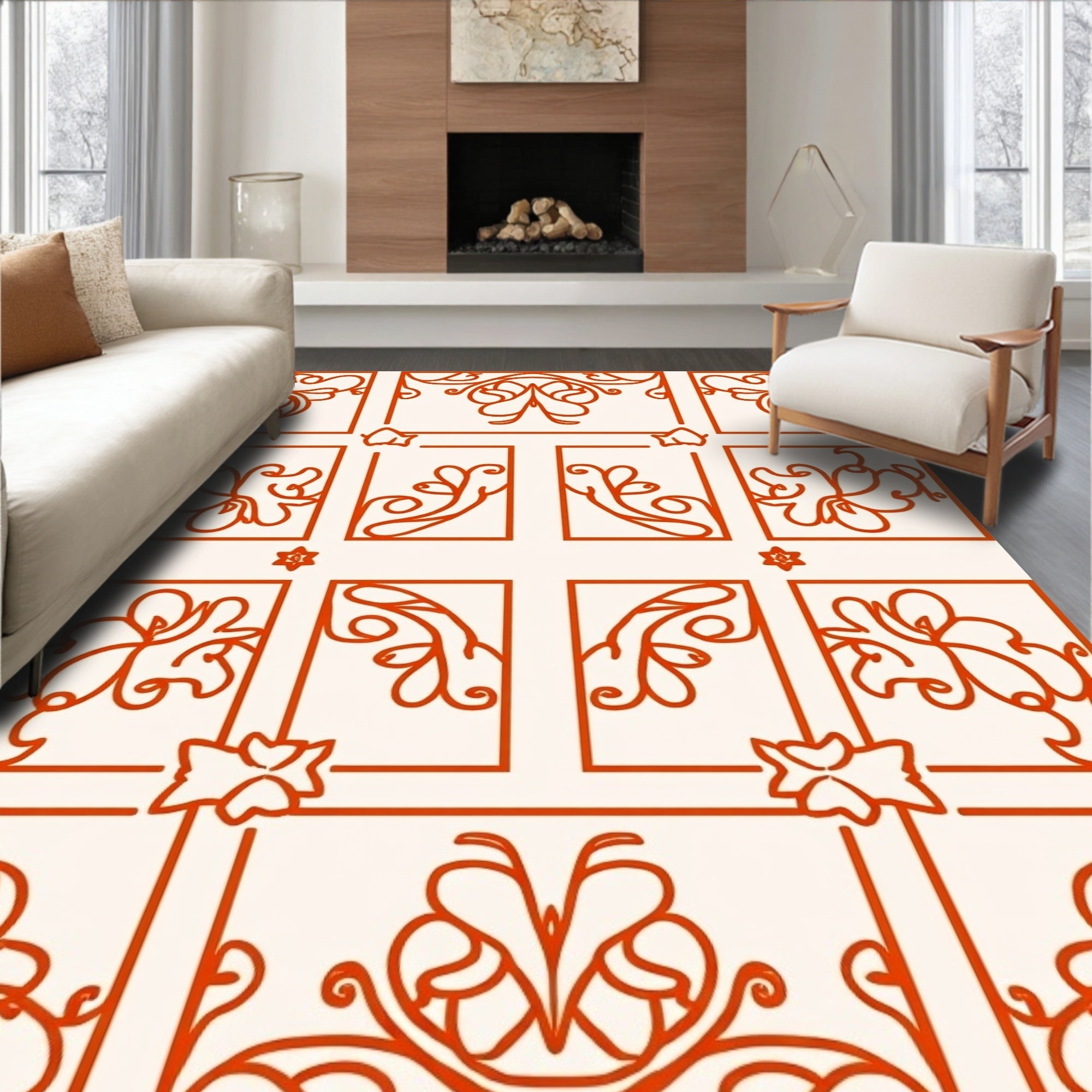 Orange Filigree Panel Inspired Design Rug