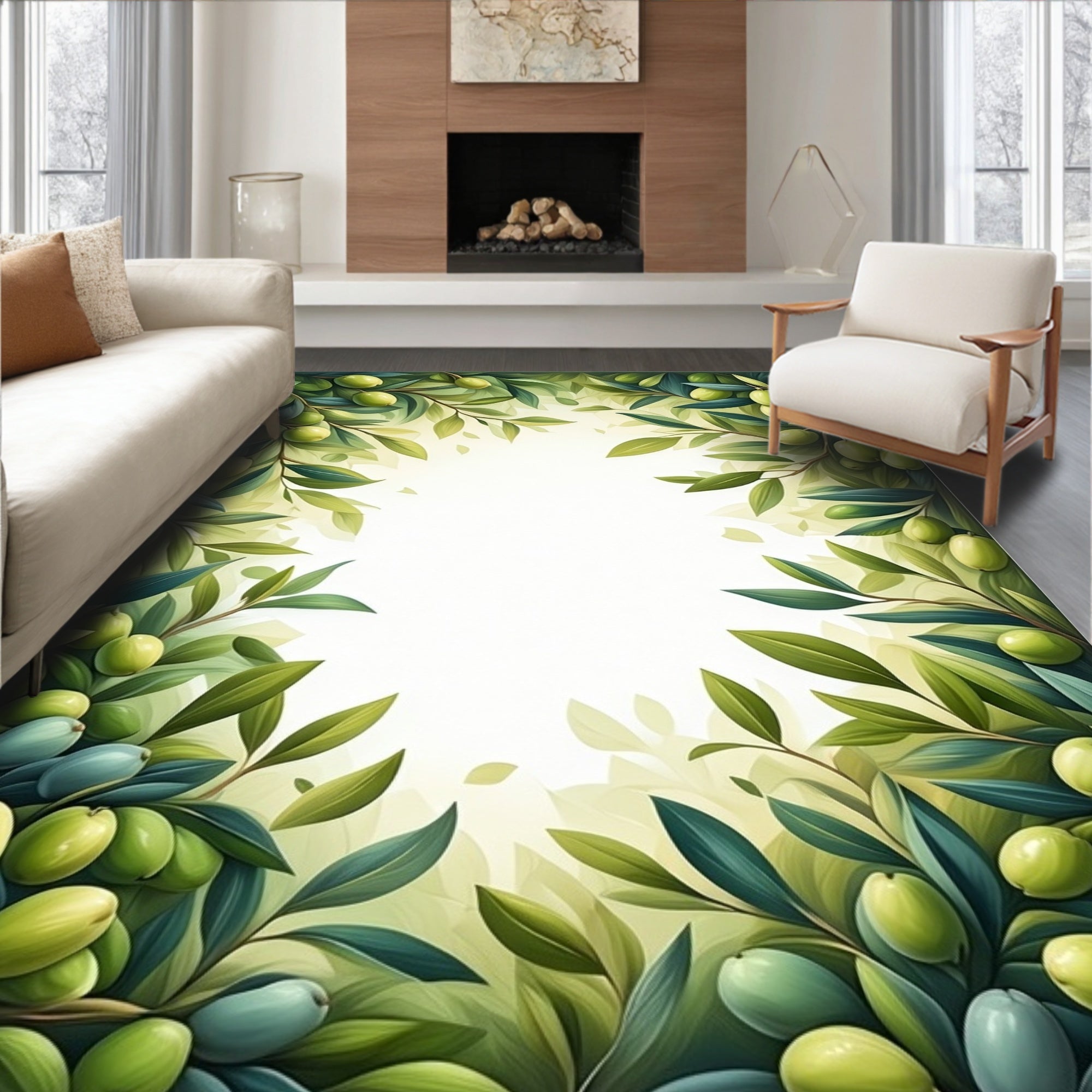 Green Olive Branch Patterned Rug