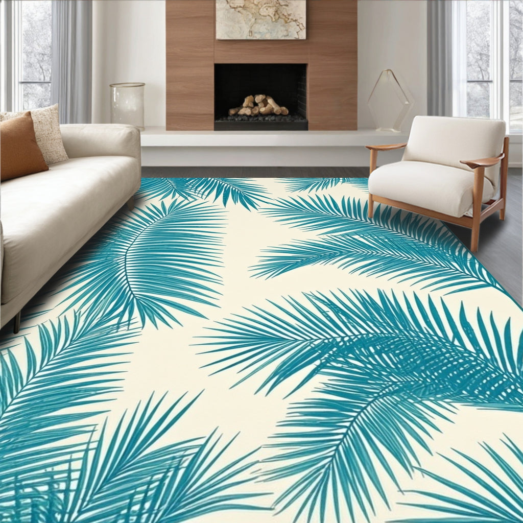 Teal Palm Frond Patterned Area Rug
