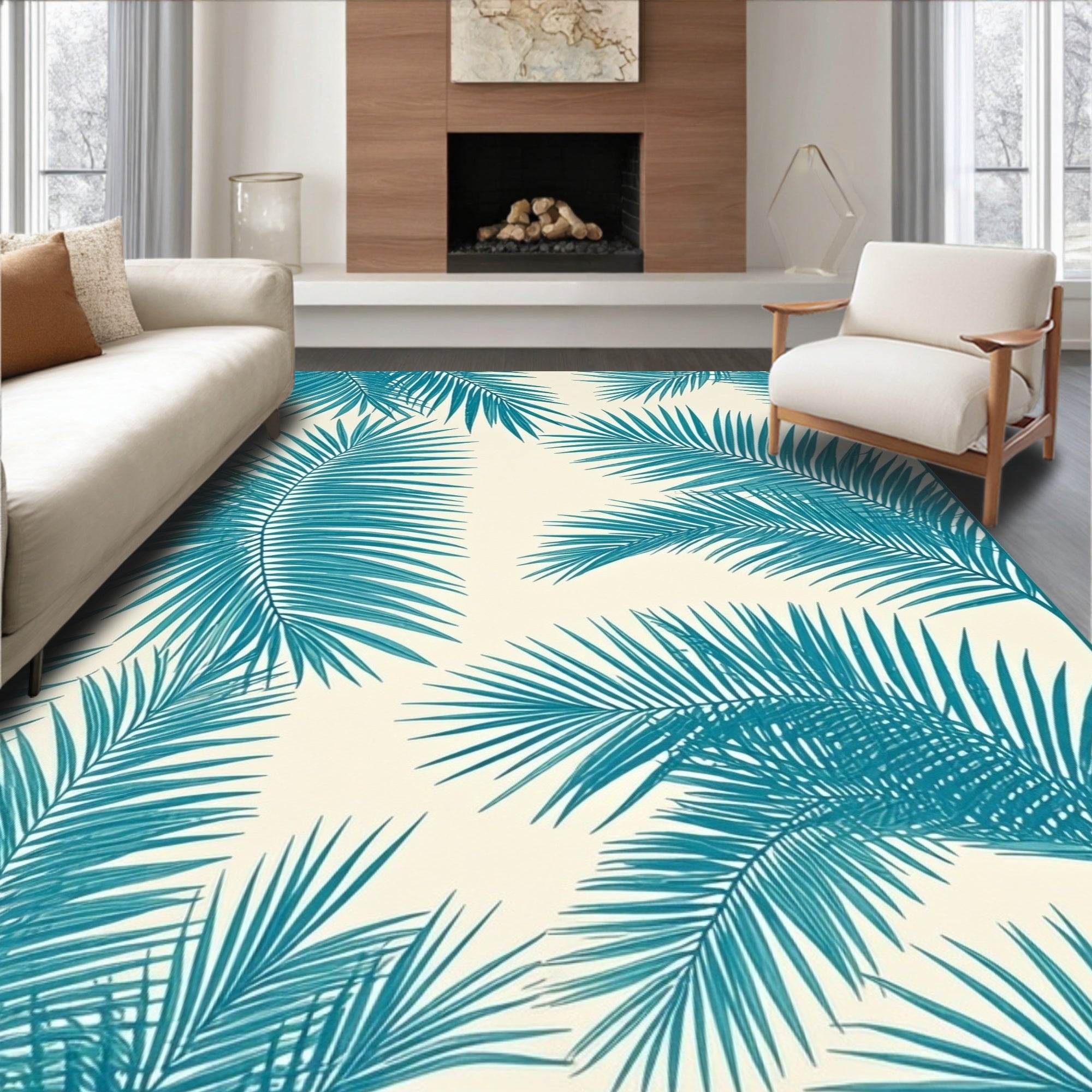 Teal Palm Frond Patterned Area Rug