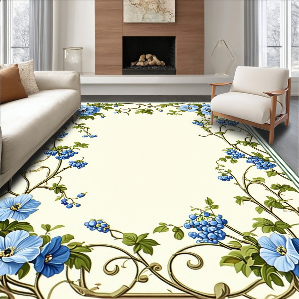 Blue Floral Vine With Berries Design Rug