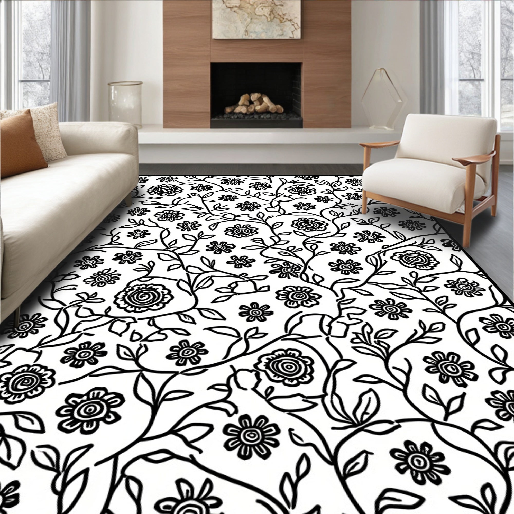 Vine and Floral Black White Pattern Rug
