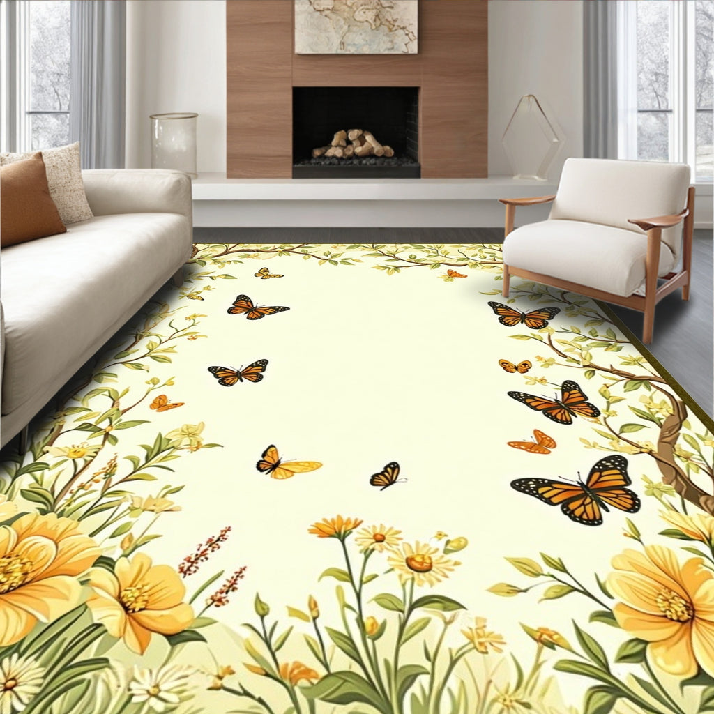 Floral Butterflies Whimsical Garden Design Rug