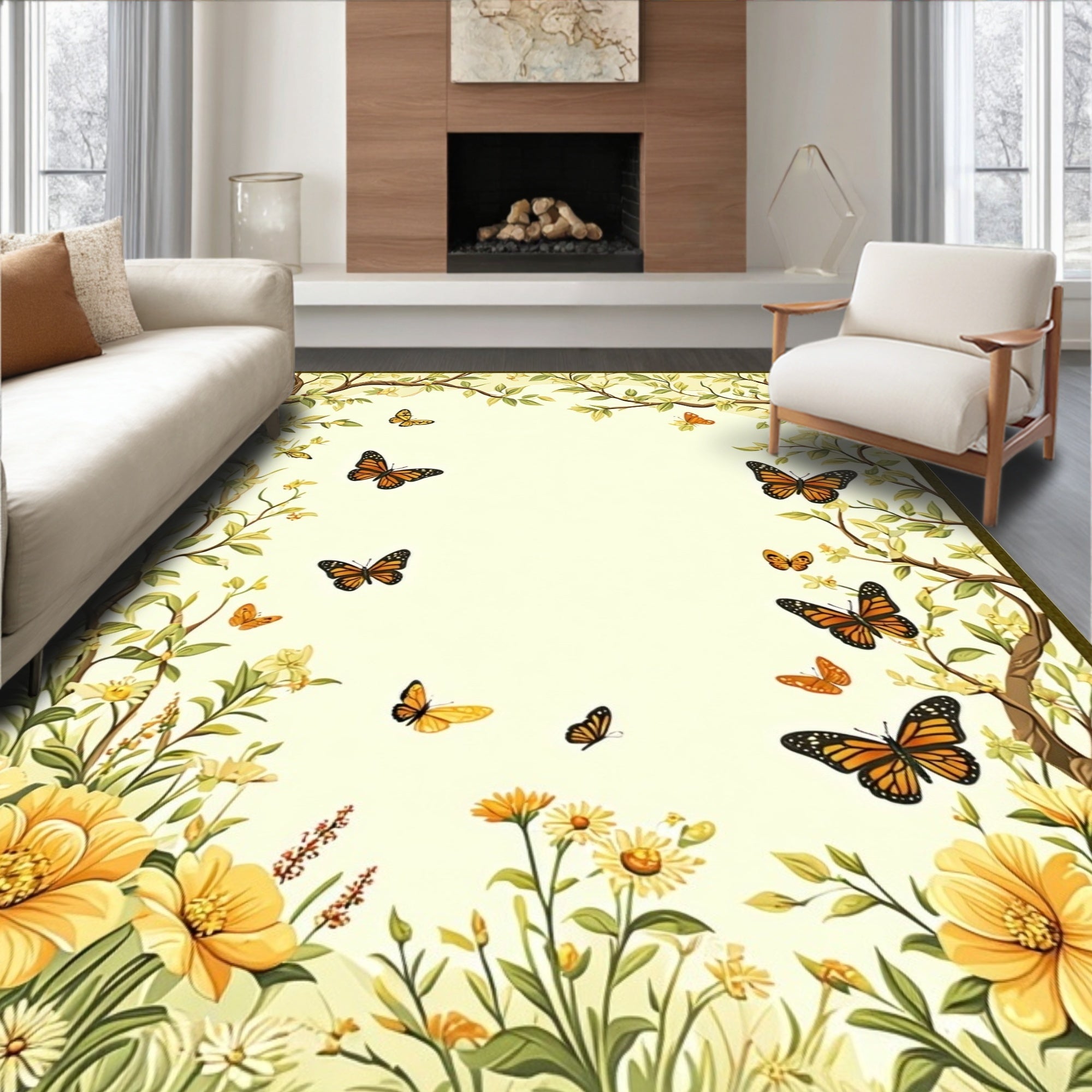 Floral Butterflies Whimsical Garden Design Rug