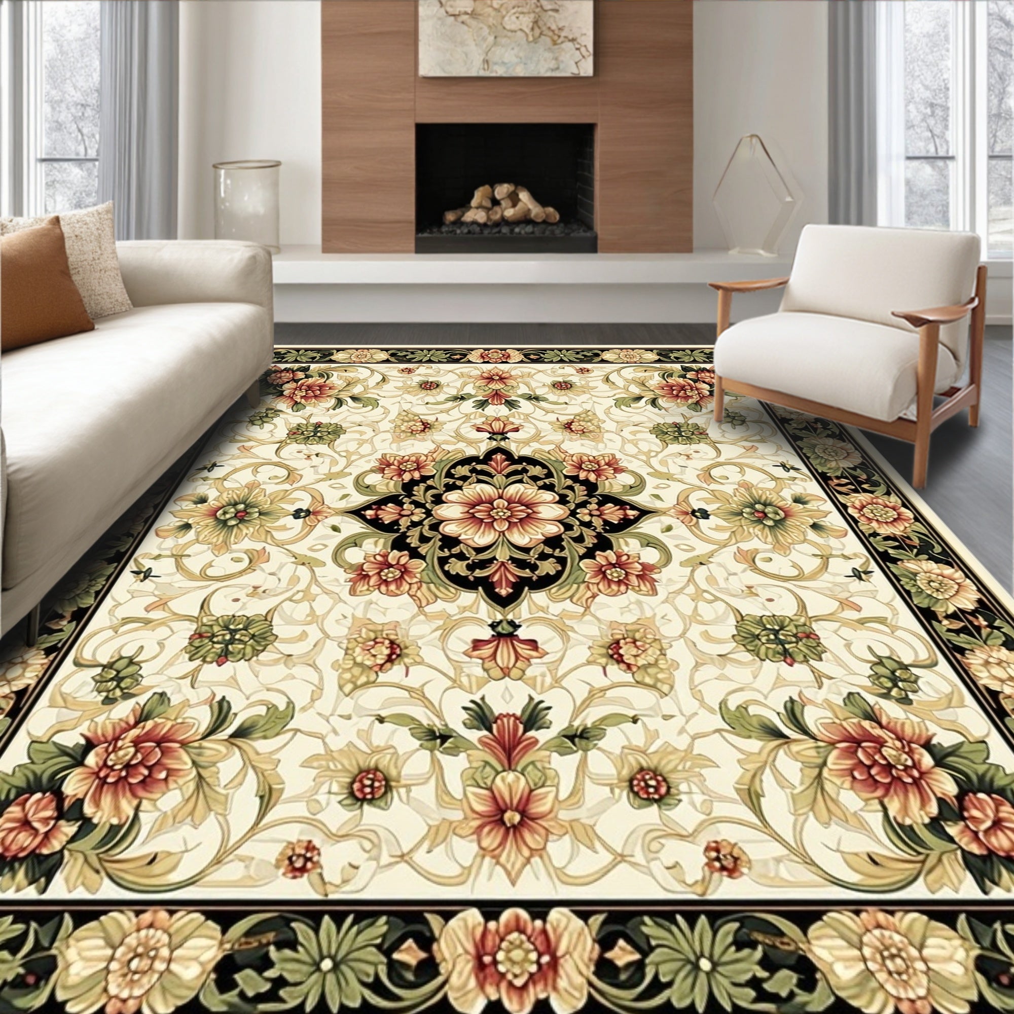 Cream Floral Medallion Patterned Rug