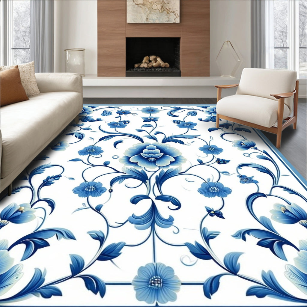 Classic Blue Floral Scroll Intricate Rug