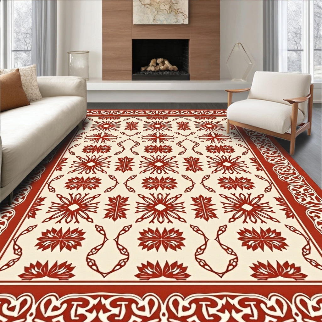 Crimson And Cream Geometric Floral Rug