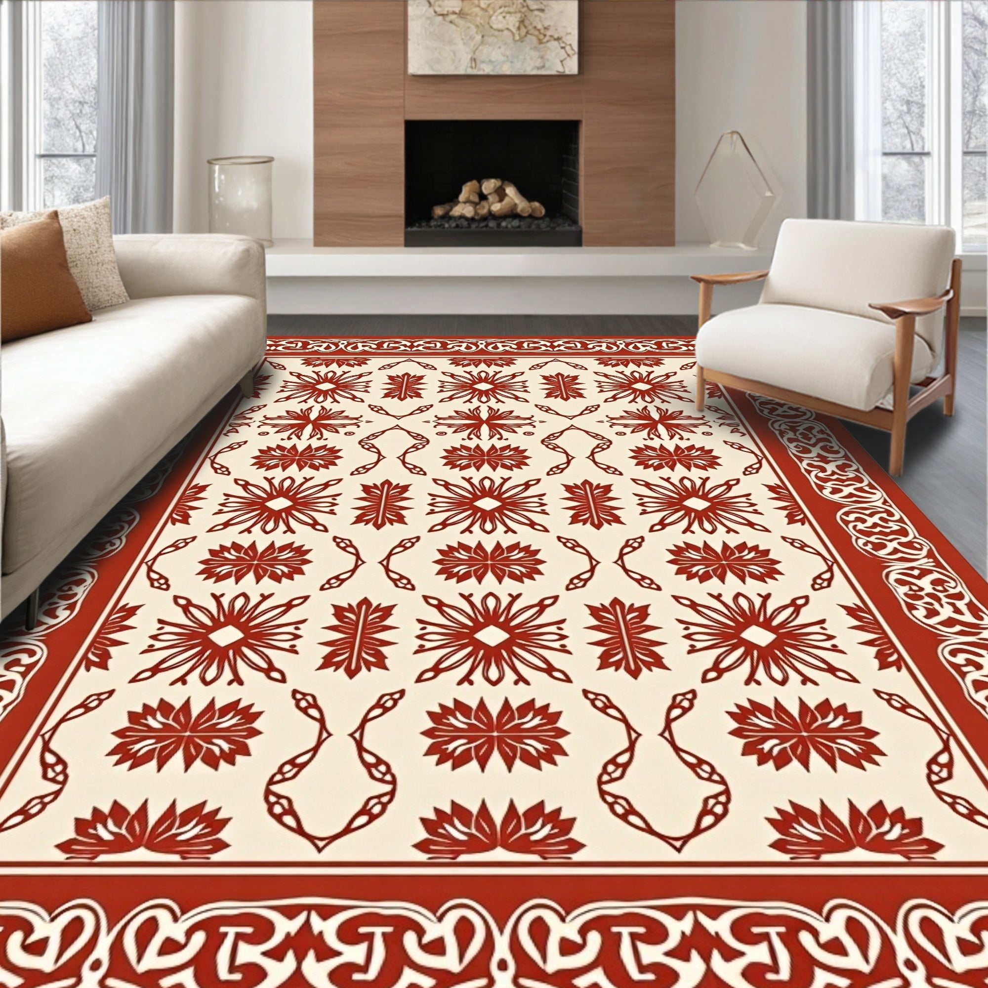 Crimson And Cream Geometric Floral Rug