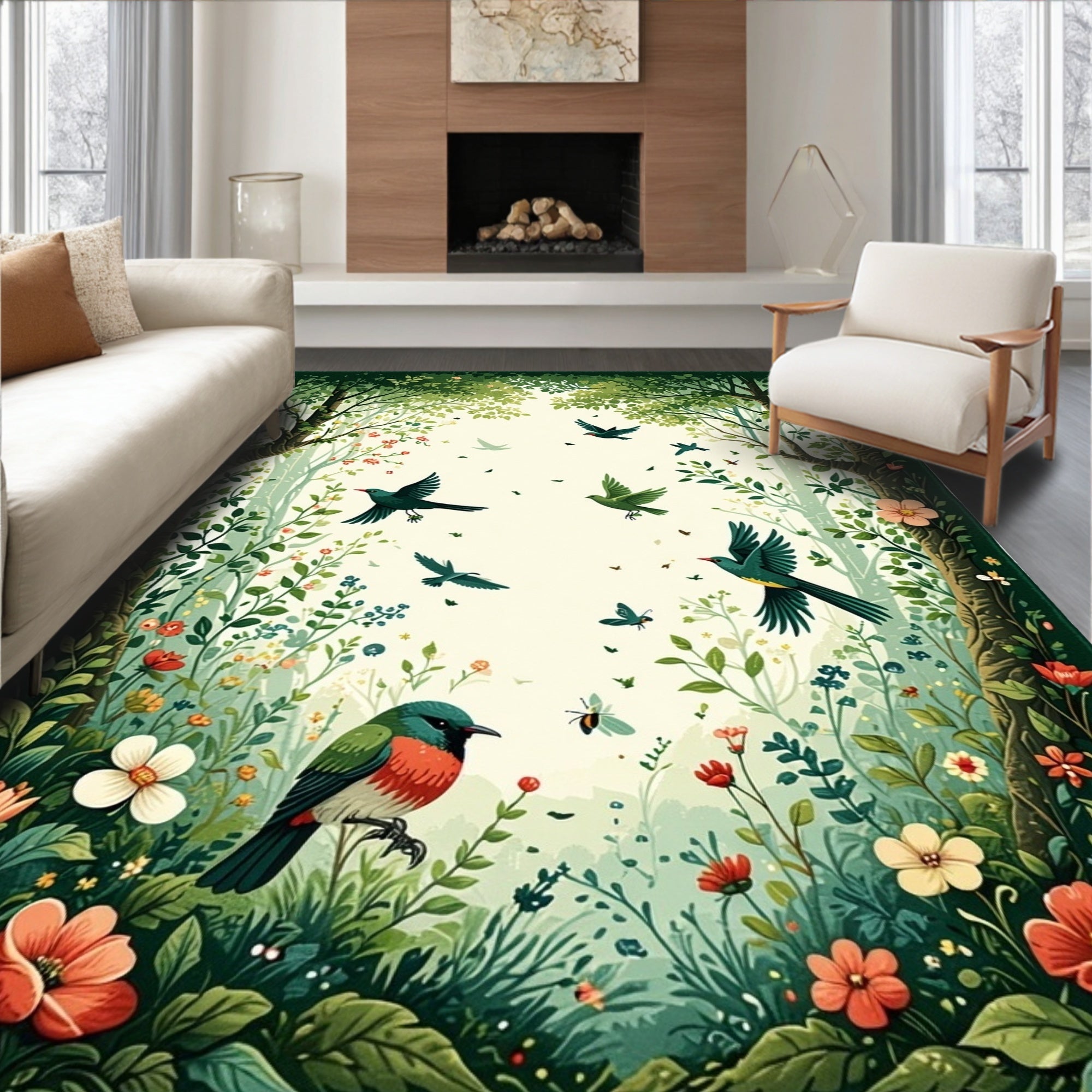 Whimsical Forest Birds And Flowers Rug