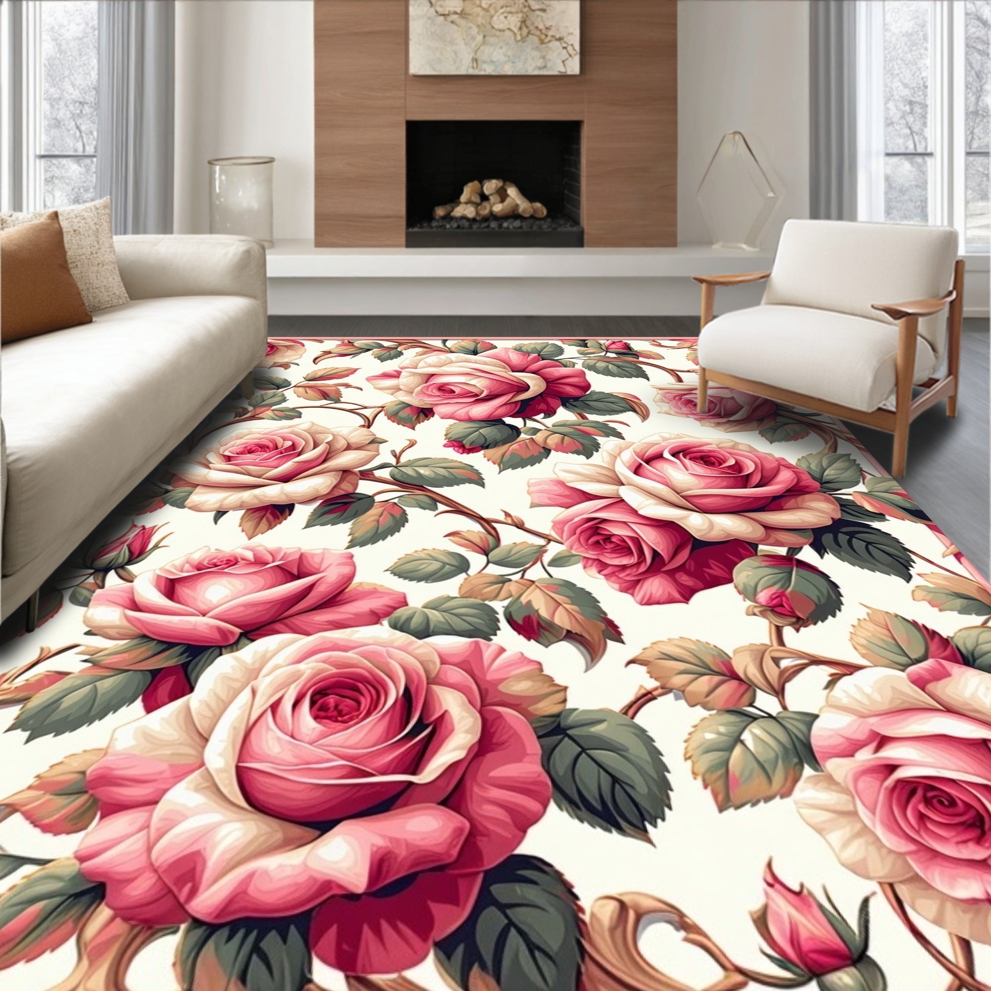 Pink Rose Garland Floral Design Rug