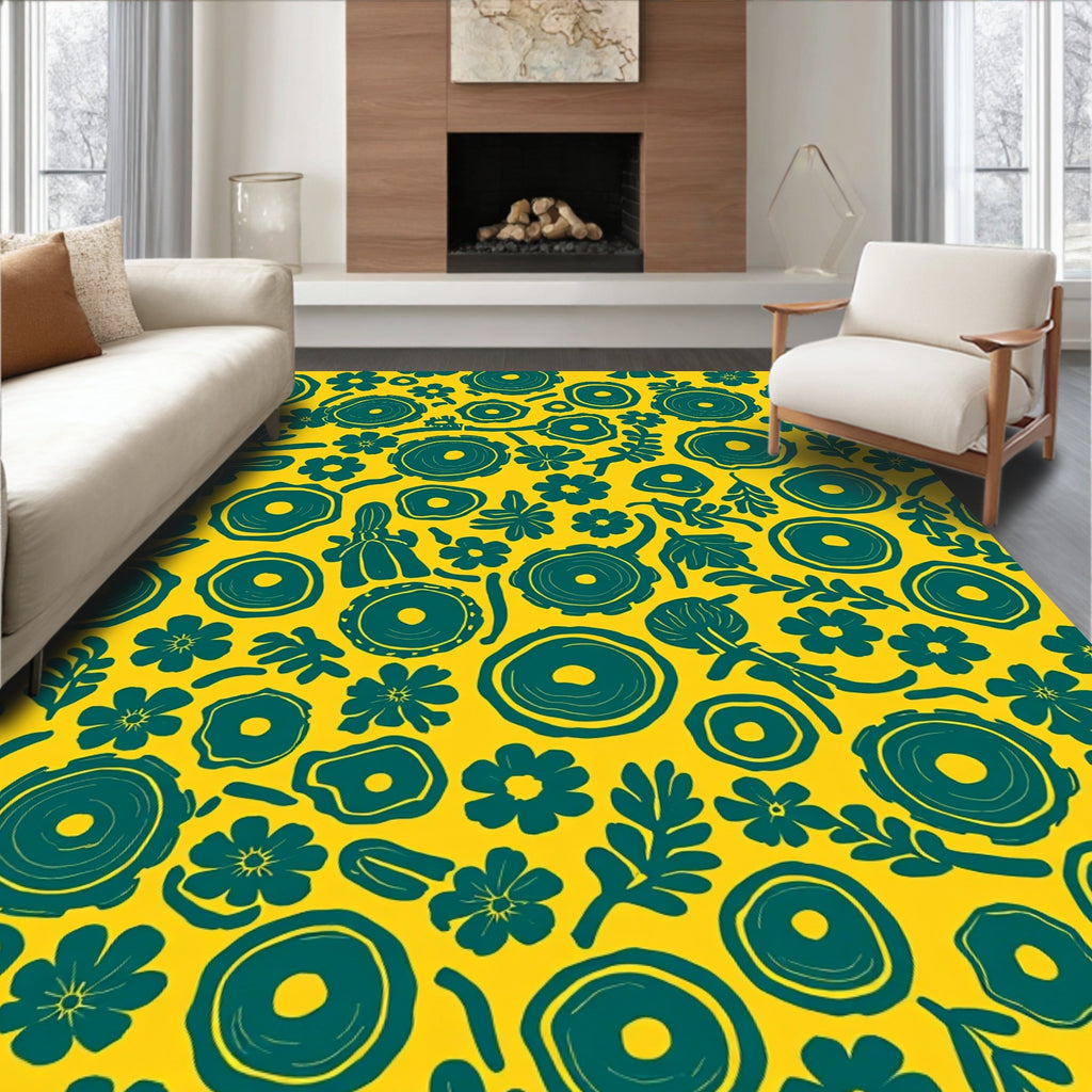 Abstract Teal Floral Round Pattern Rug