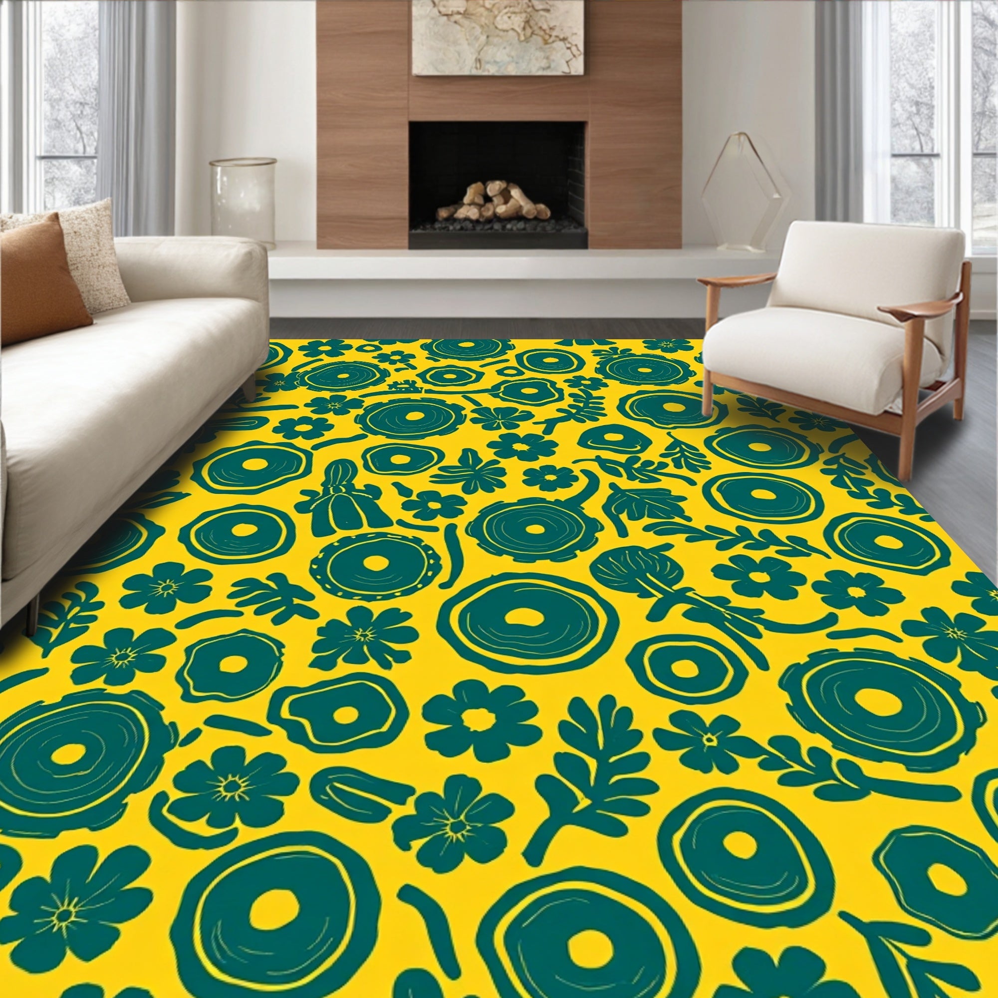 Abstract Teal Floral Round Pattern Rug