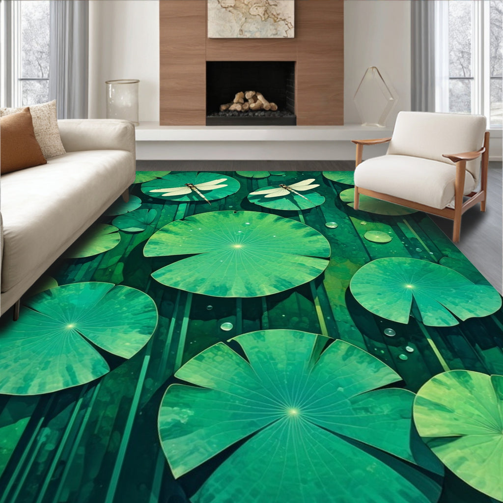 Lush Green Lily Pads Dragonfly Design Rug