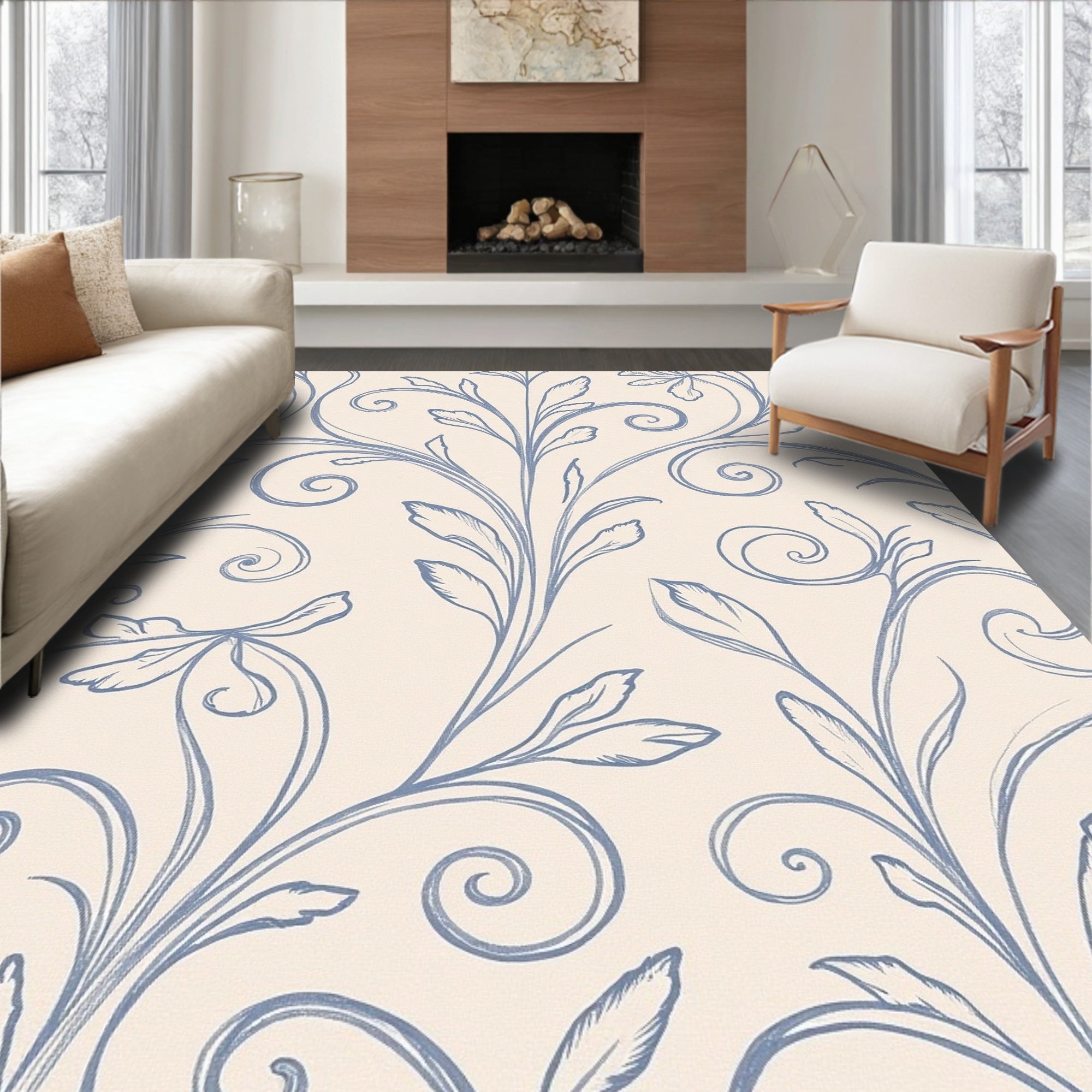 Elegant Blue Swirl Floral Pattern Rug