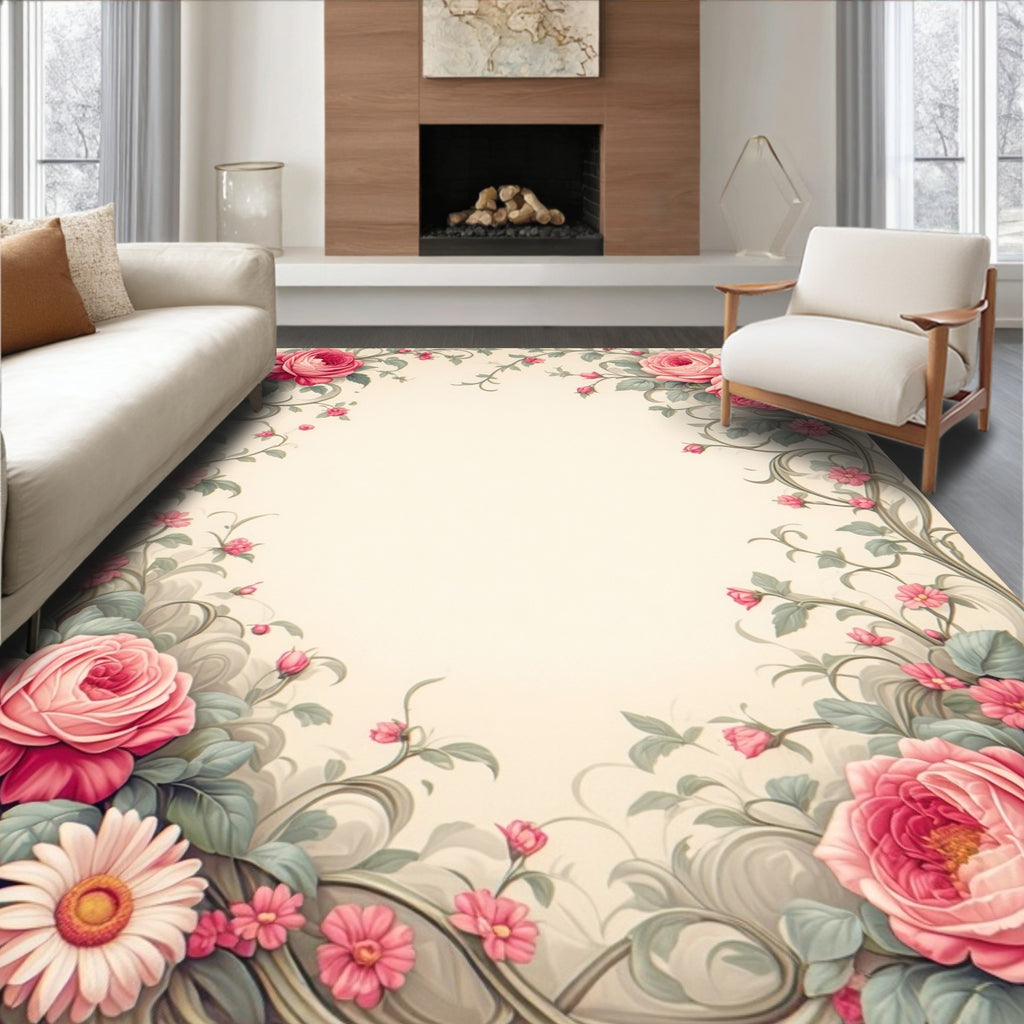 Pink Roses Floral Vine Pattern Rug