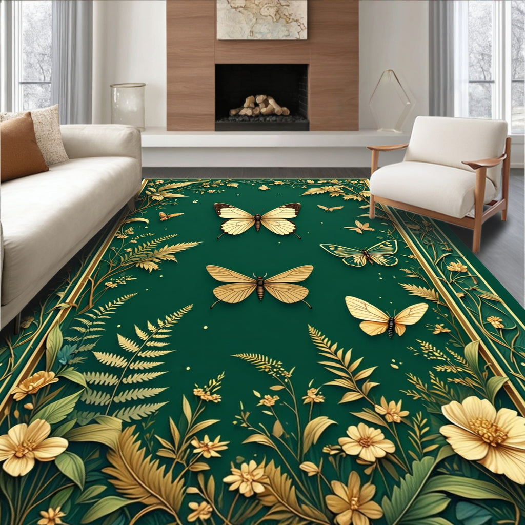 Emerald Green Golden Butterfly Garden Rug