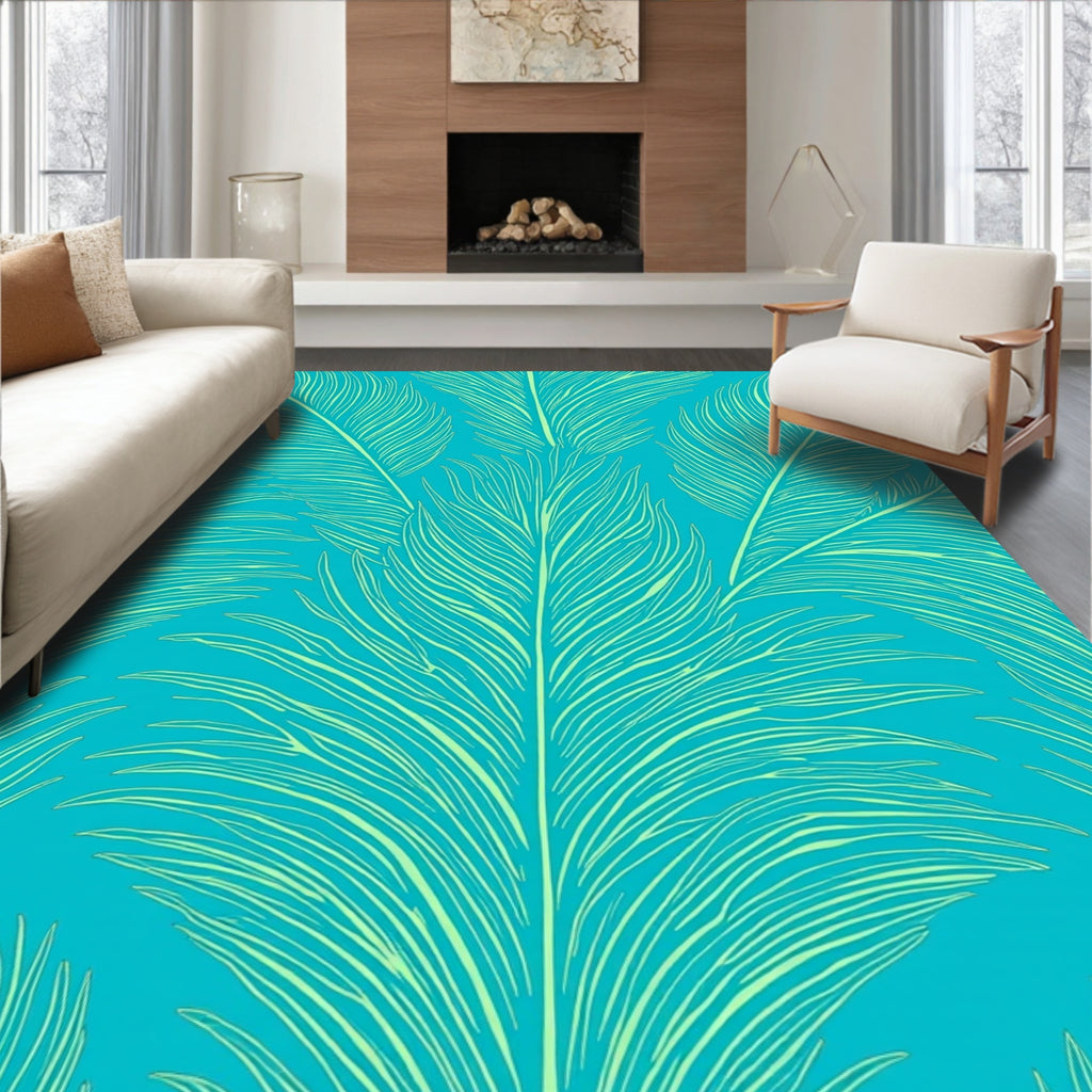 Turquoise Feather Line Art Design Rug