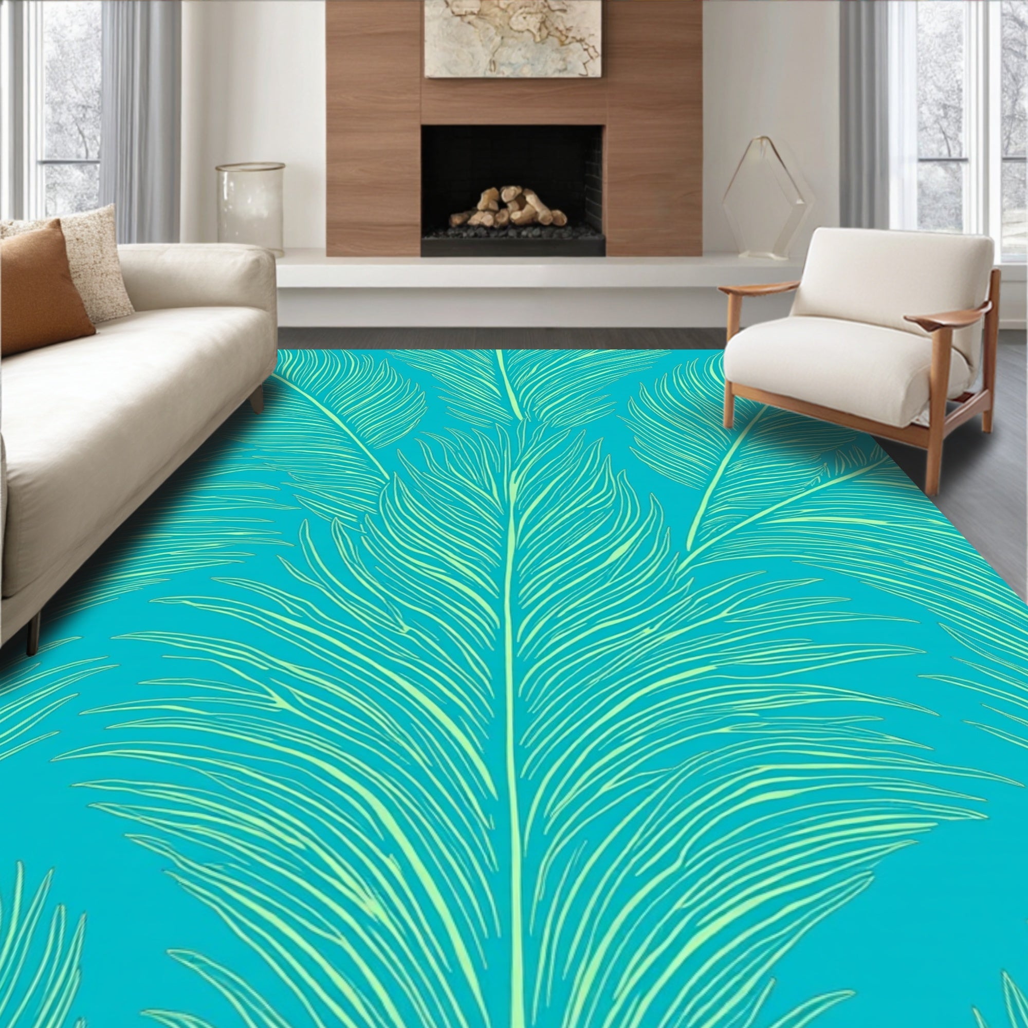 Turquoise Feather Line Art Design Rug