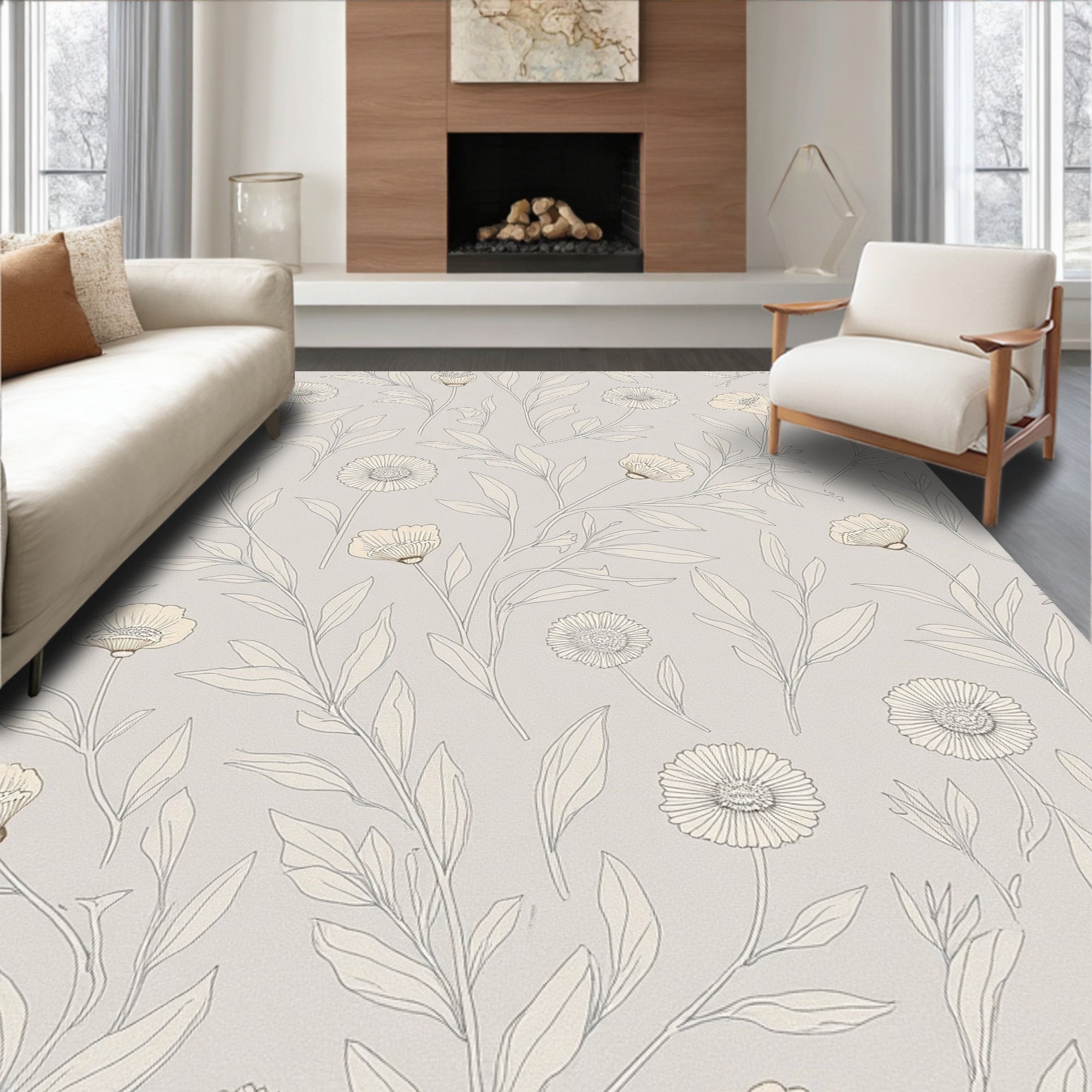 Delicate Floral Line Art Rug