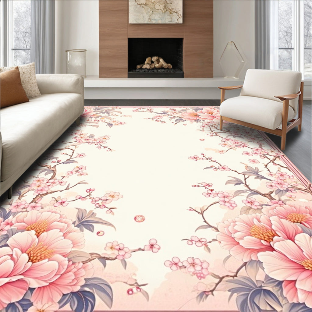 Pastel Pink Peony Floral Branch Border Rug