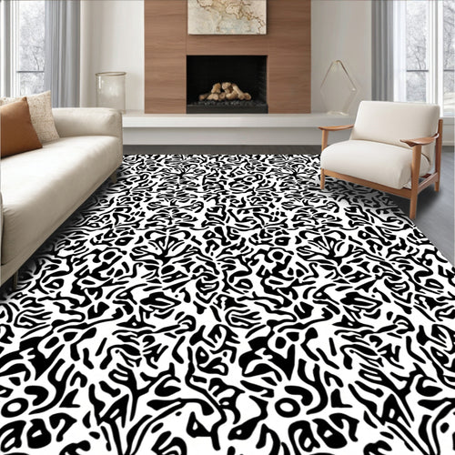 Abstract Organic Black and White Pattern Rug