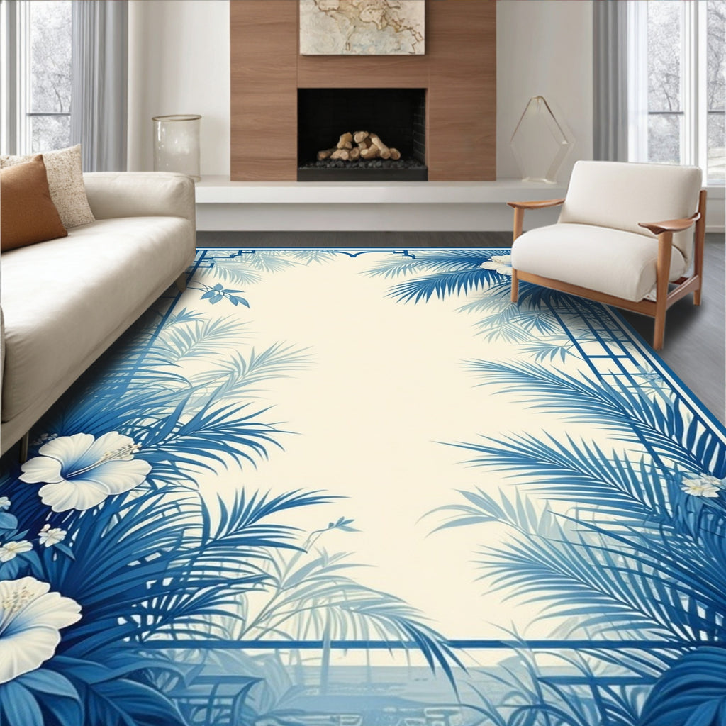Tropical Blue Floral Palm Frame Rug