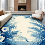 Tropical Blue Floral Palm Frame Rug