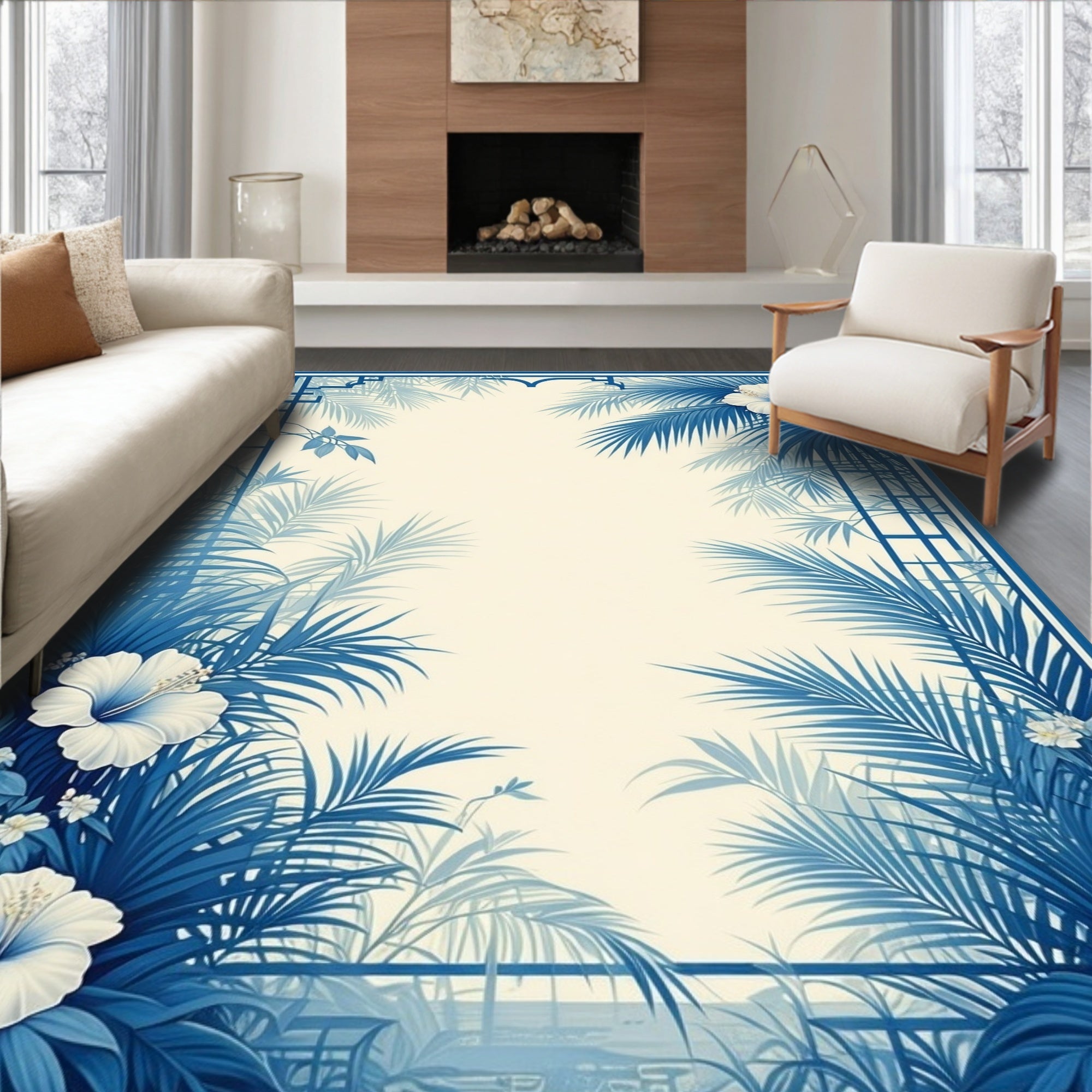 Tropical Blue Floral Palm Frame Rug