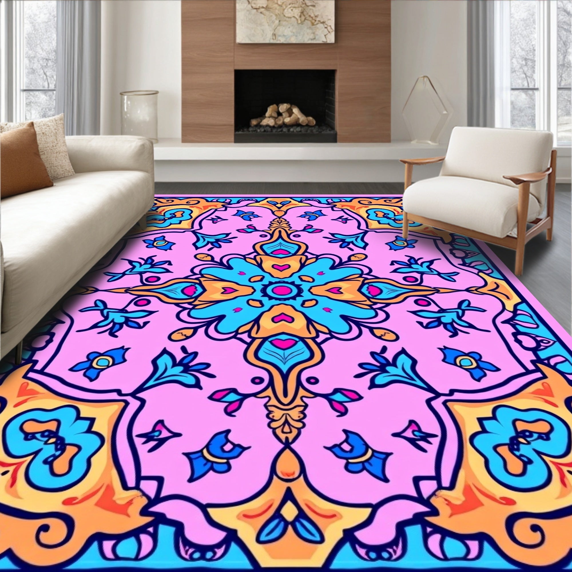 Pink Floral Medallion Garden Design Rug