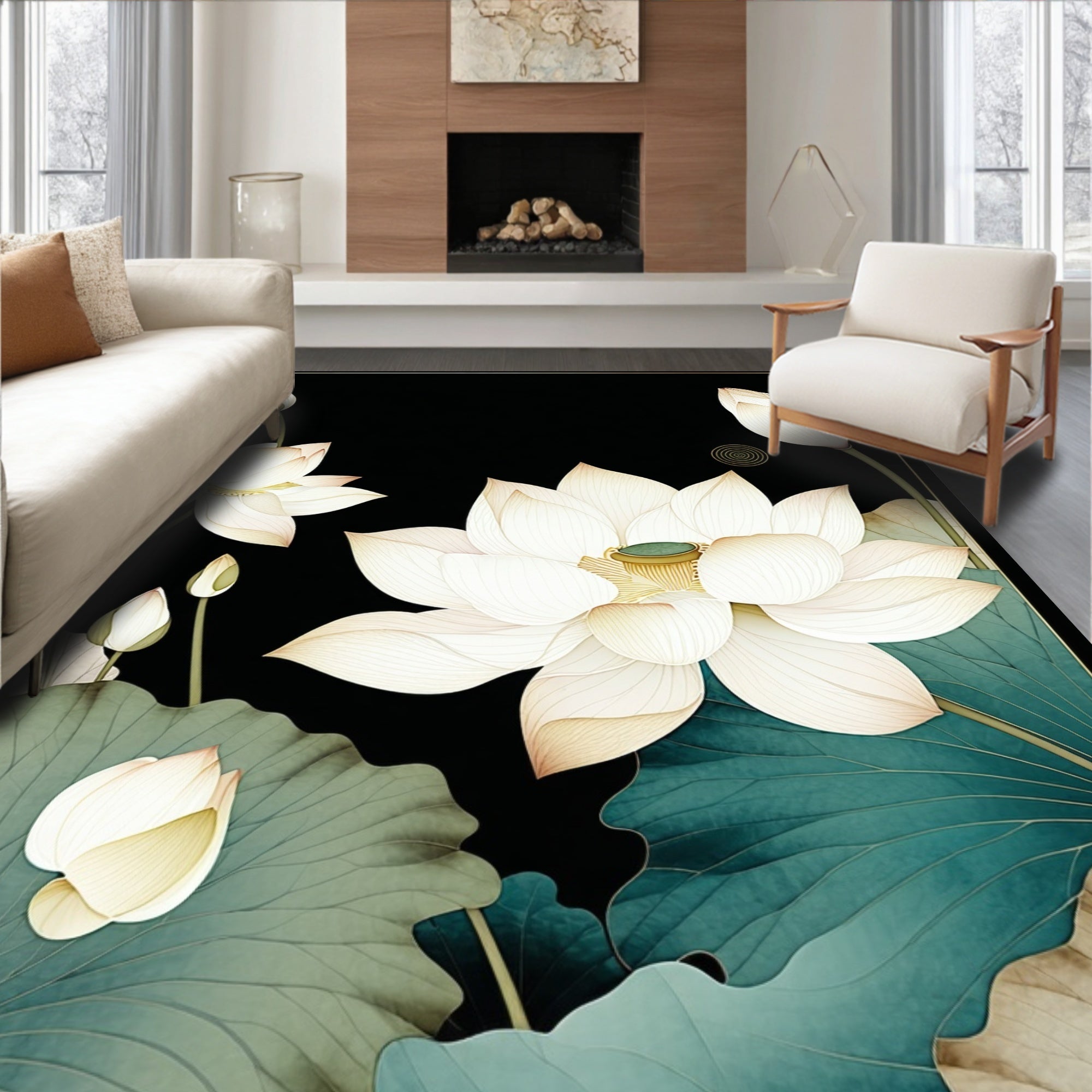 Elegant White Lotus Artful Floral Rug