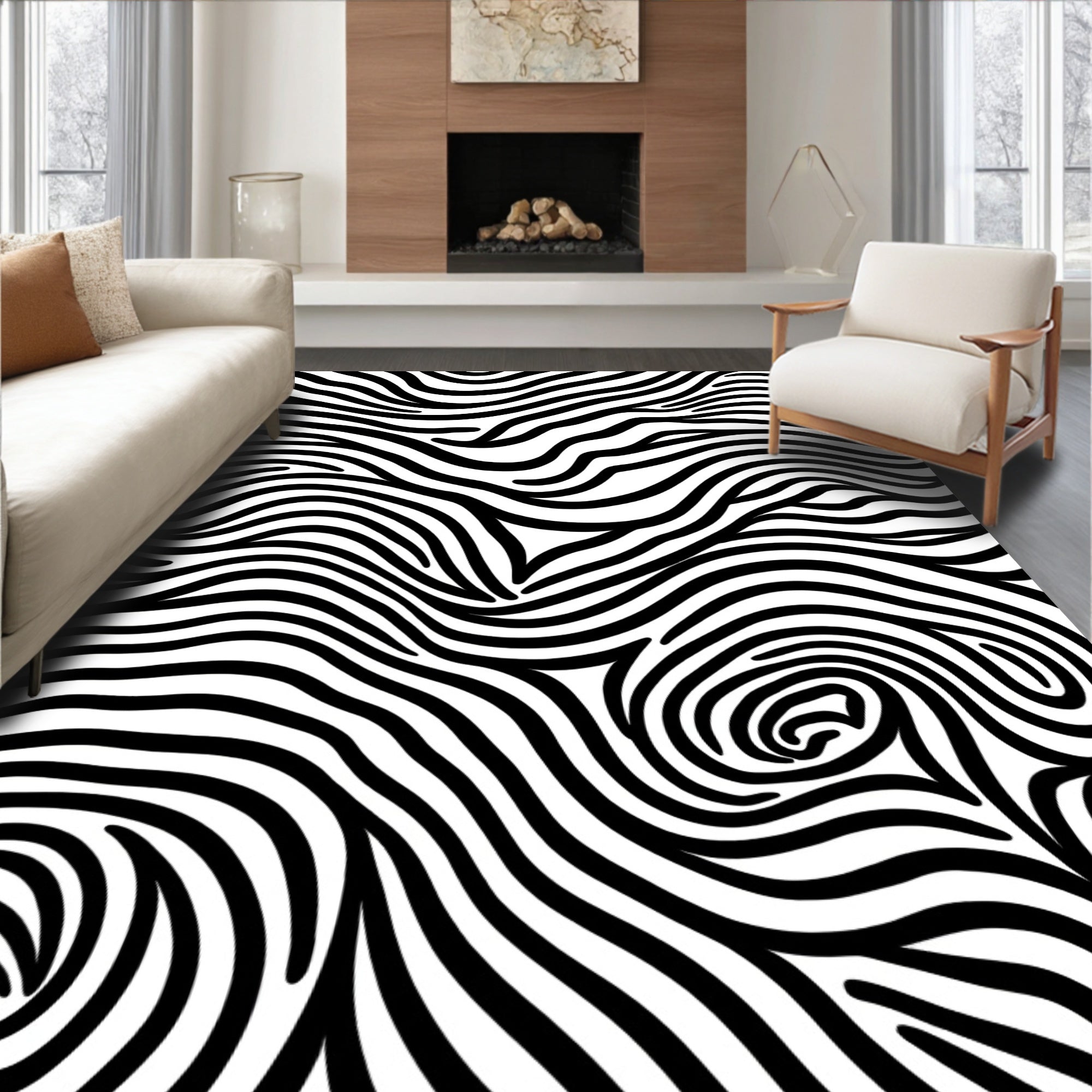 Bold Black White Swirl Pattern Rug