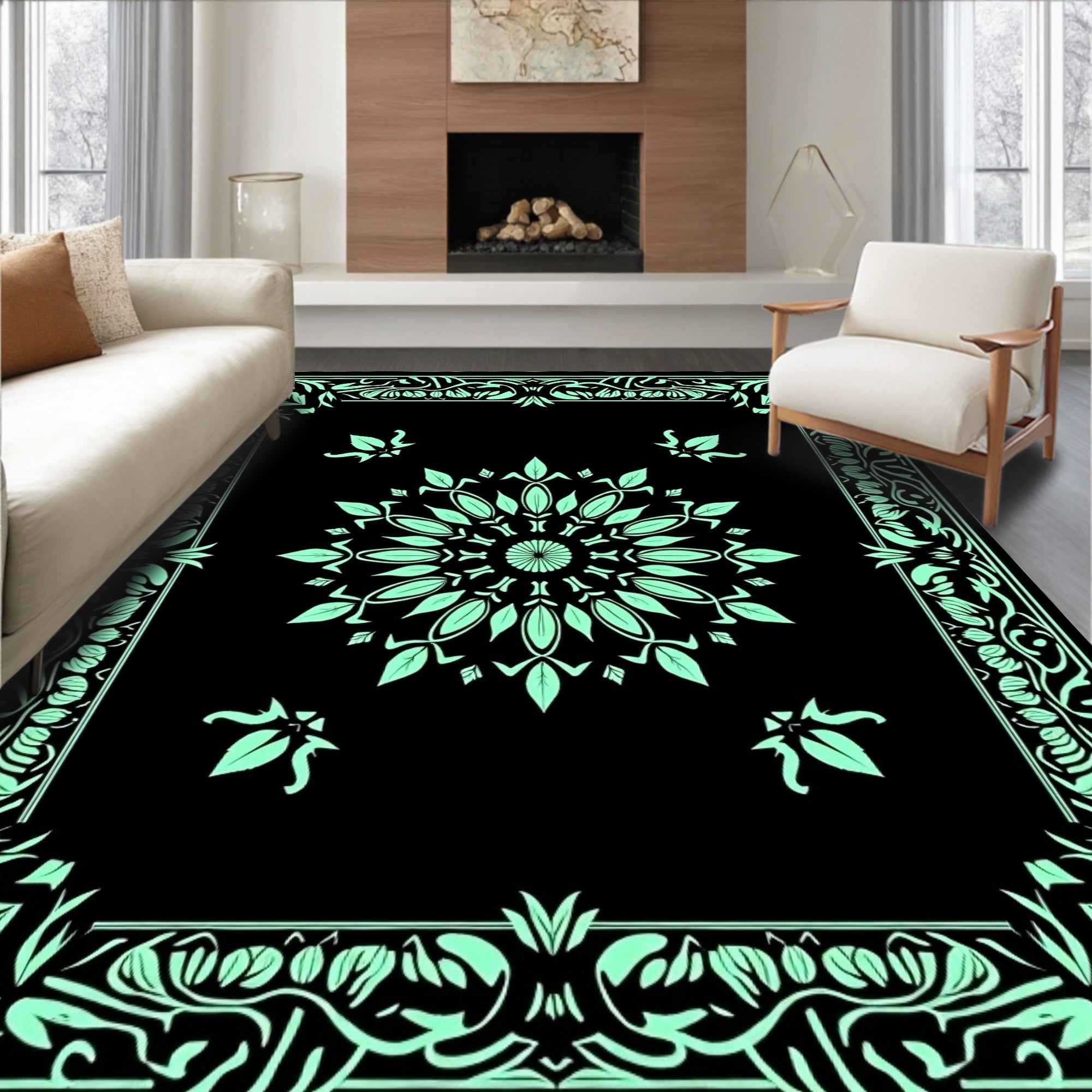 Mint Green Floral Mandala Border Rug