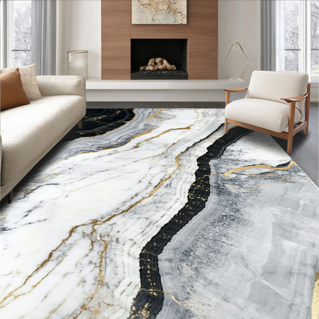 Black White Gold Veined Marble Design Rug